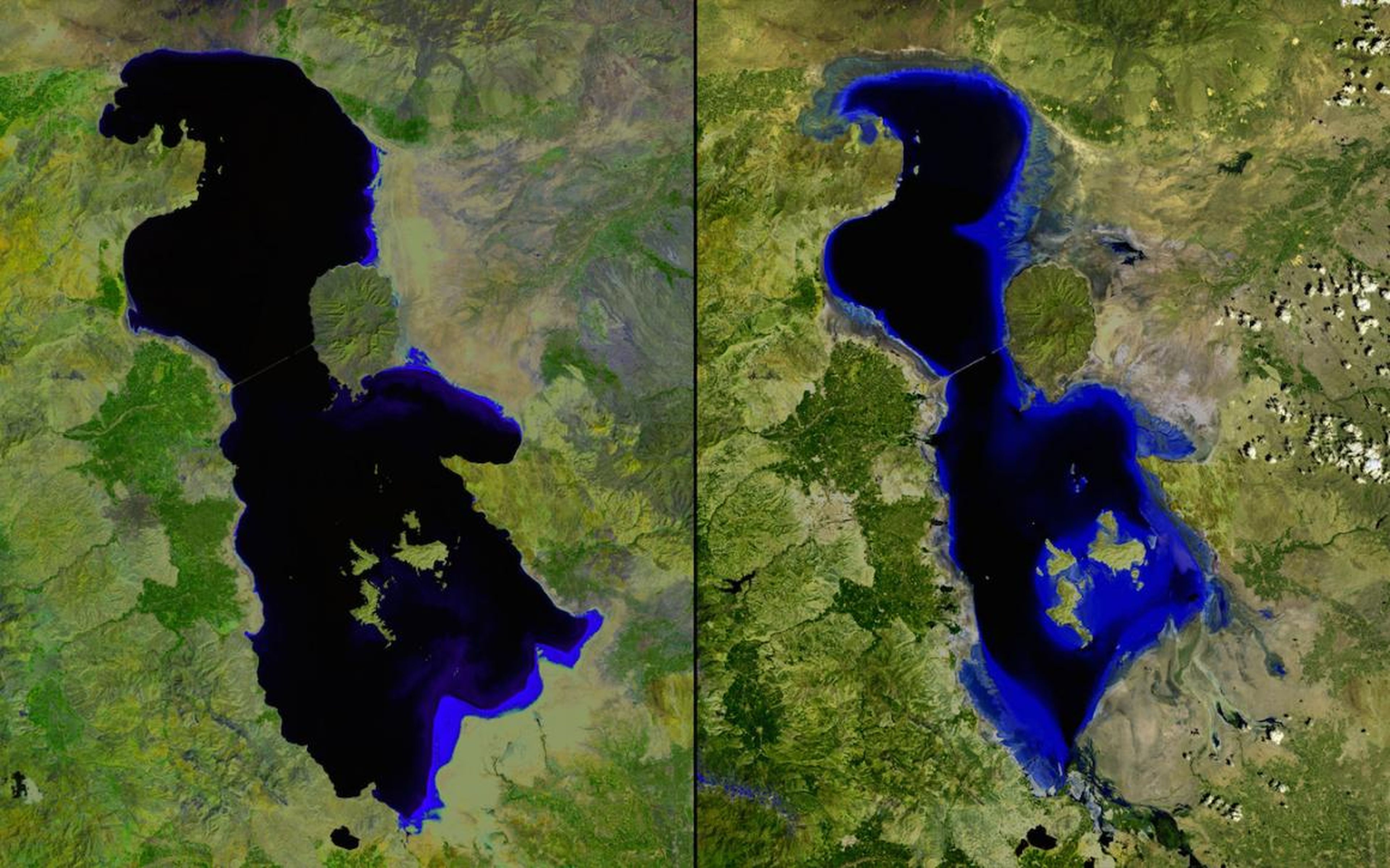 Iran's shrinking Lake Urmia is pictured below in July 2000 (left) and again in the same month in 2013 (right).