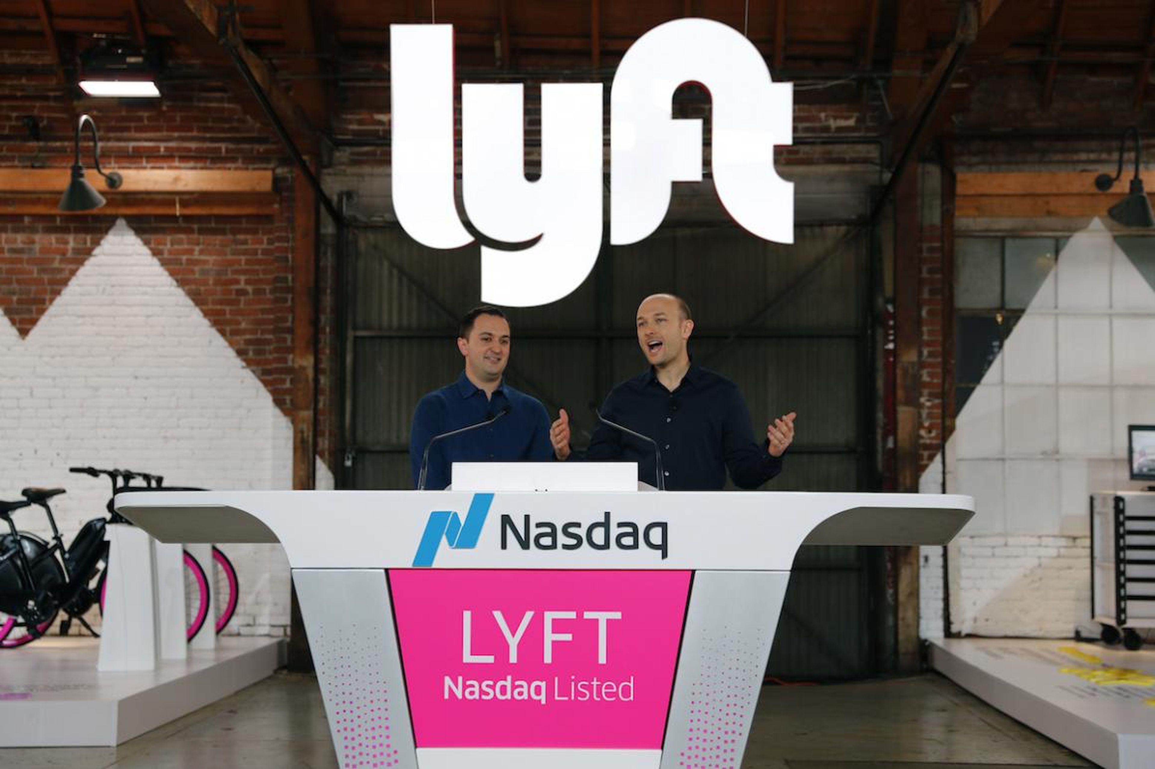 Lyft President John Zimmer and CEO Logan Green speak as Lyft lists on the Nasdaq at an IPO event in Los Angeles March 29, 2019.