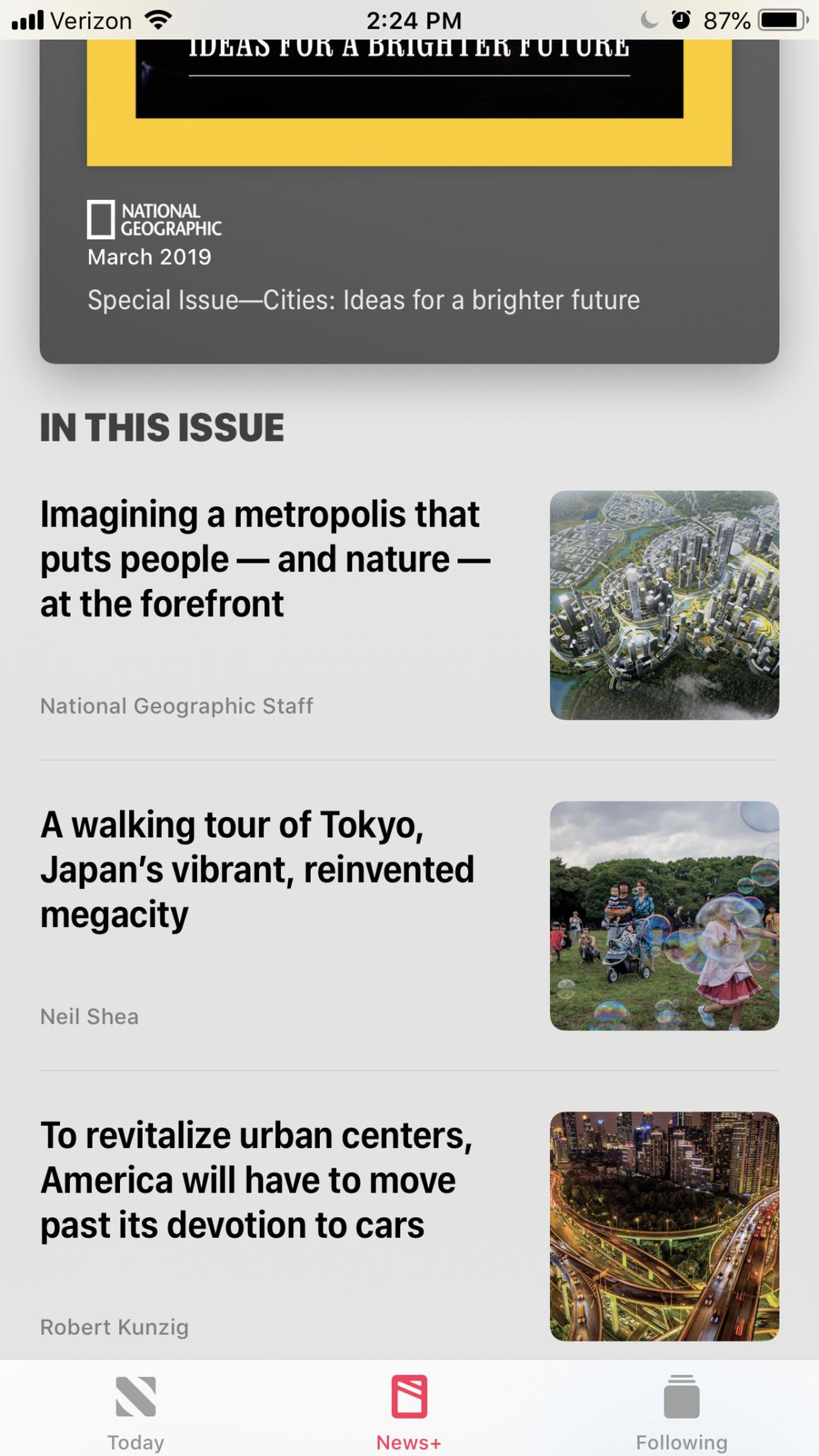 For National Geographic, the issue's table of contents in the News app featured not just headlines, but thumbnail photos from each article.