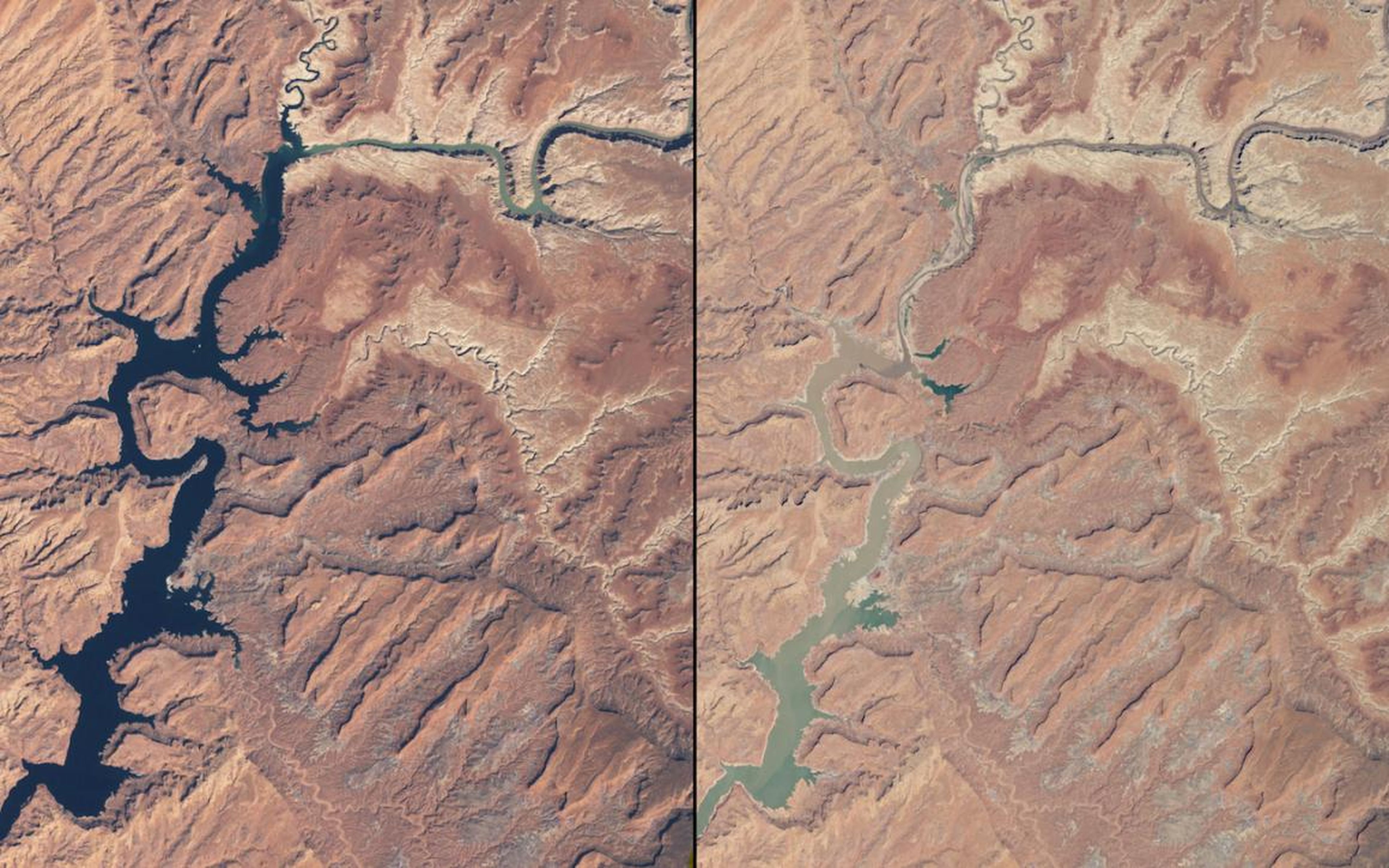 Some rivers have been shrinking as well — these images compare waterways in Arizona and Utah in March 1999 (left) and May 2014 (right).