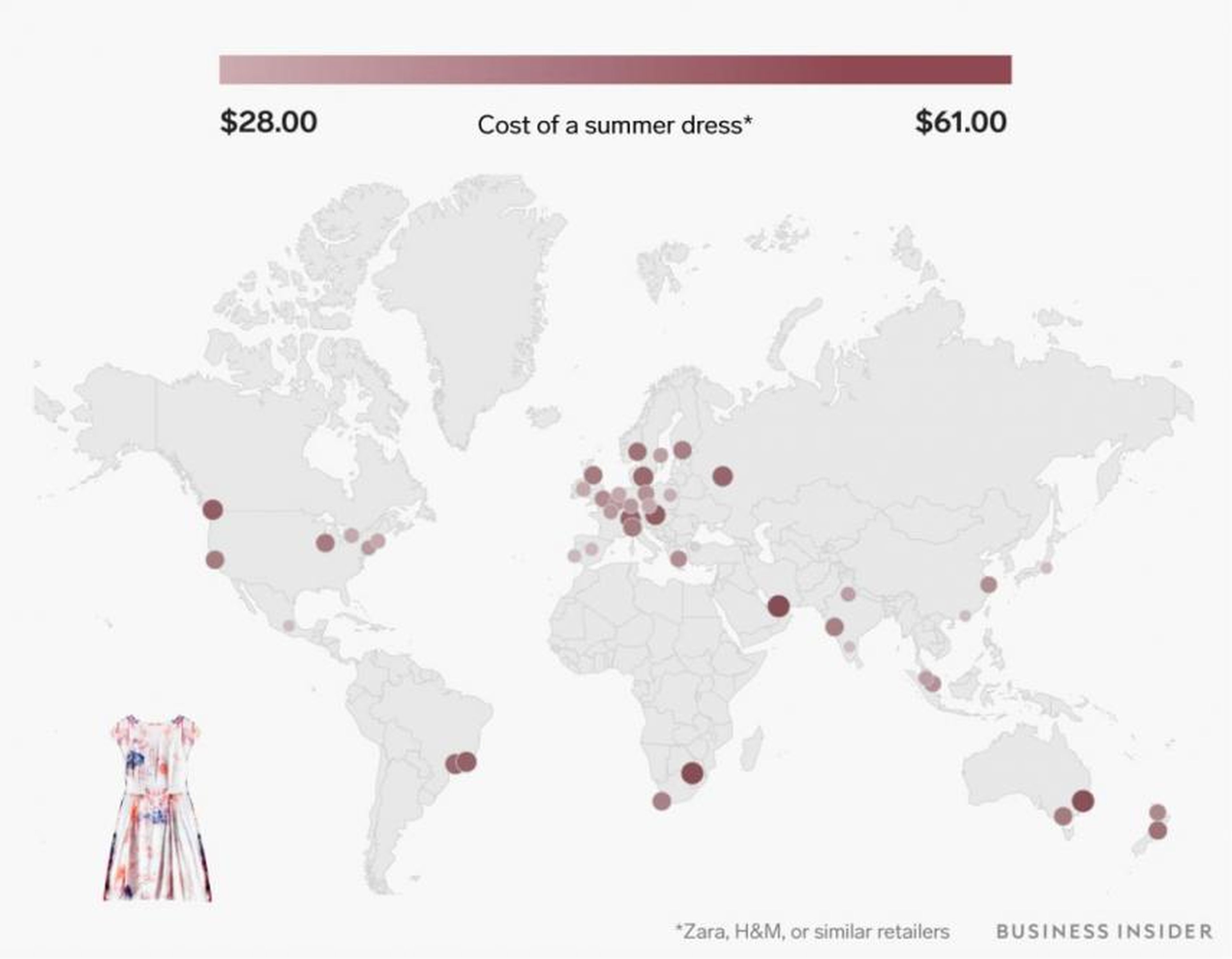 Un vestido de verano de Zara, H&M o una tienda similar va de 28 a 61 dólares (entre 24 y 52 euros)