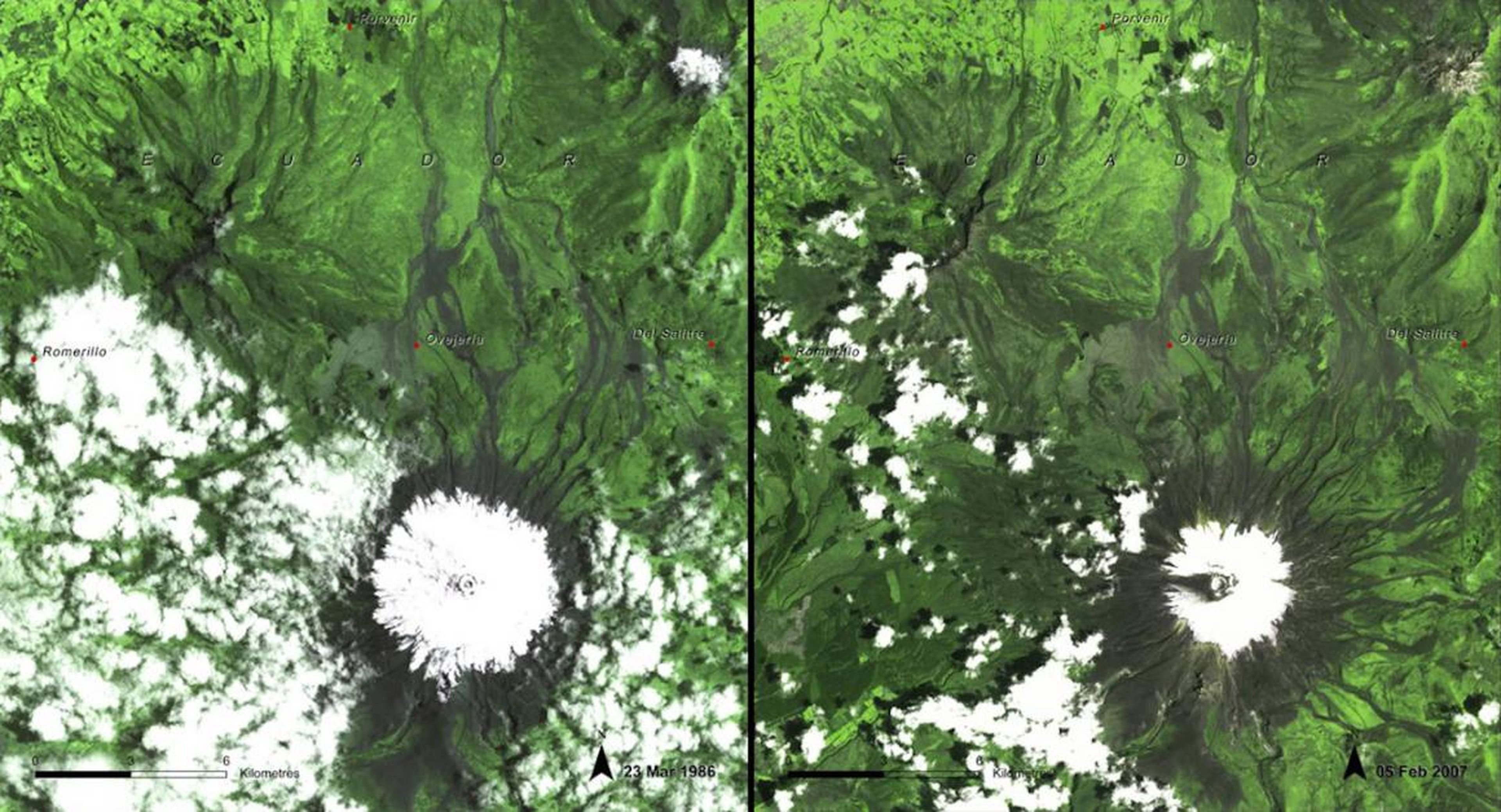 These aerial images document melting ice in Ecuador, from March 1986 (left) to February 2007 (right).