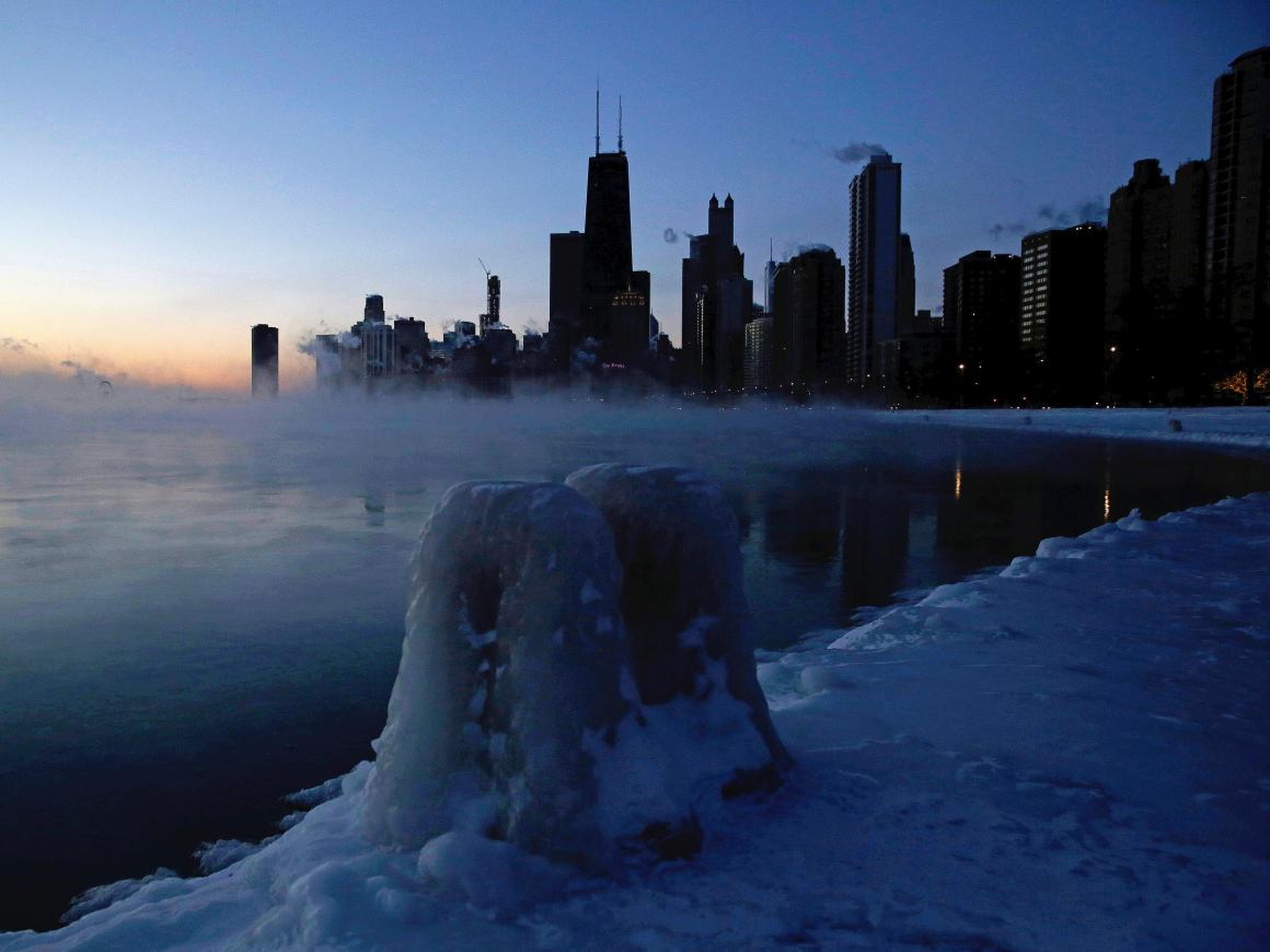 Steam rises up on the surface of Lake Michigan, January 30, 2019, in Chicago, Illinois.
