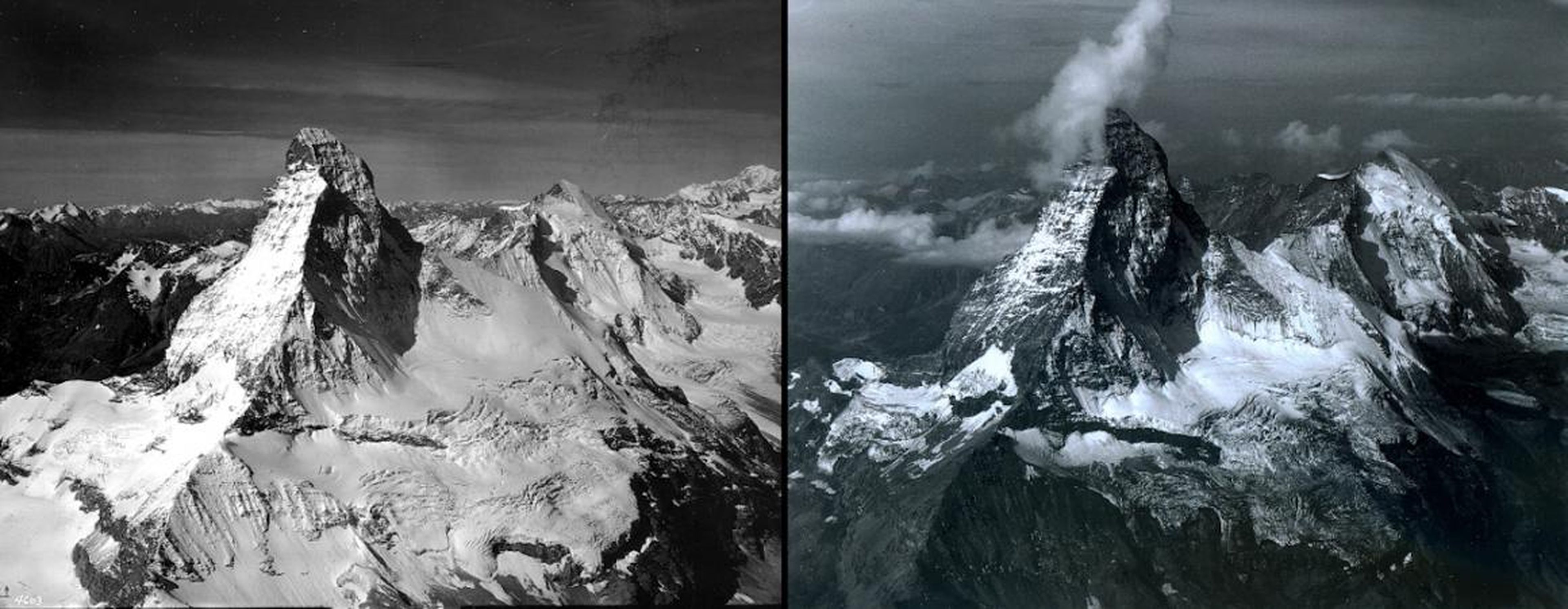 Elsewhere in Switzerland, the Matterhorn mountain in saw a marked drop in snowpack between August 1960 (left) and August 2005 (right).