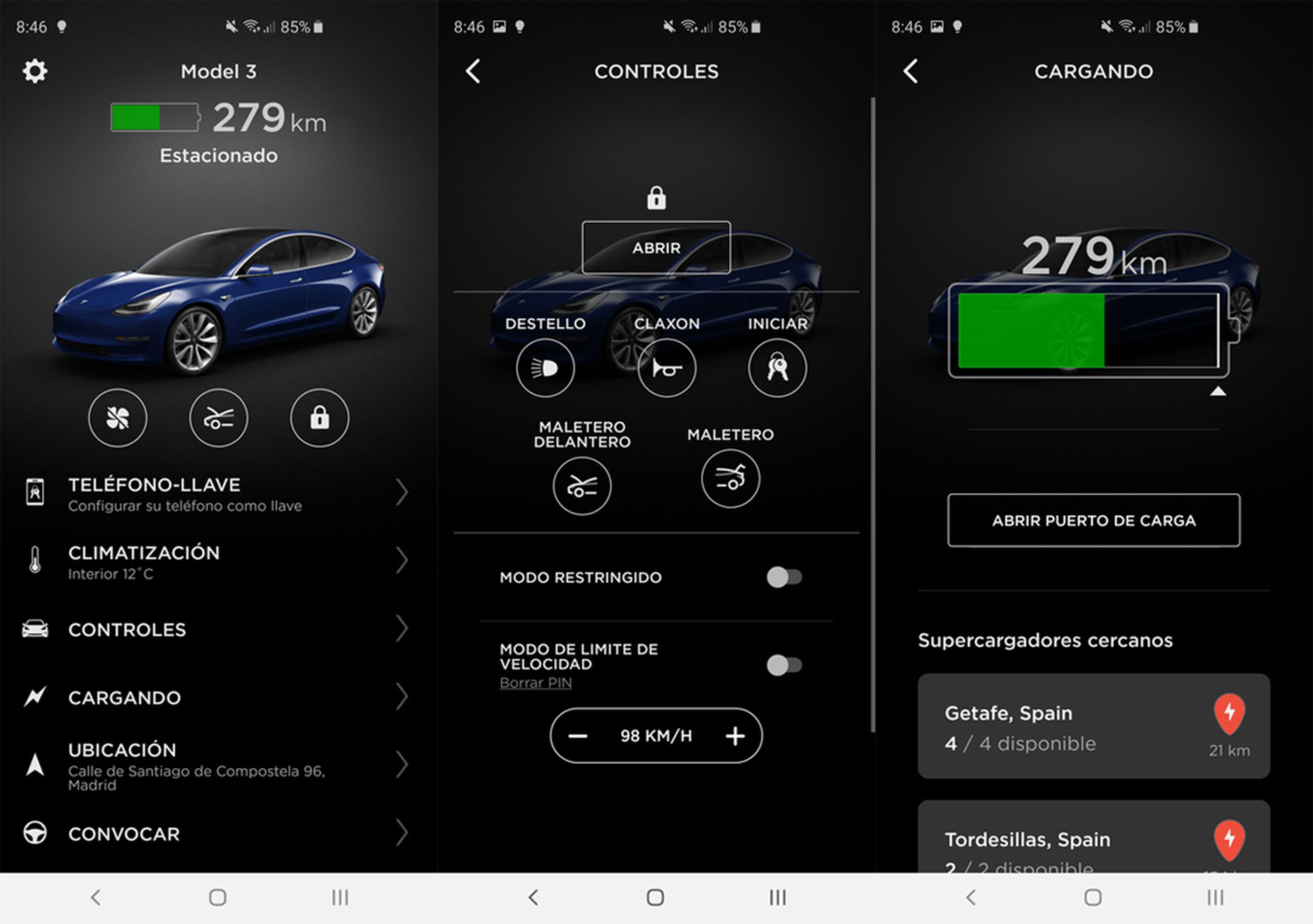 Además de permitir abrir y cerrar el coche (e incluso arrancarlo), la aplicación de Tesla muestra información de la batería, permite controlar el climatizador y también tiene una opción para mover el coche a distancia