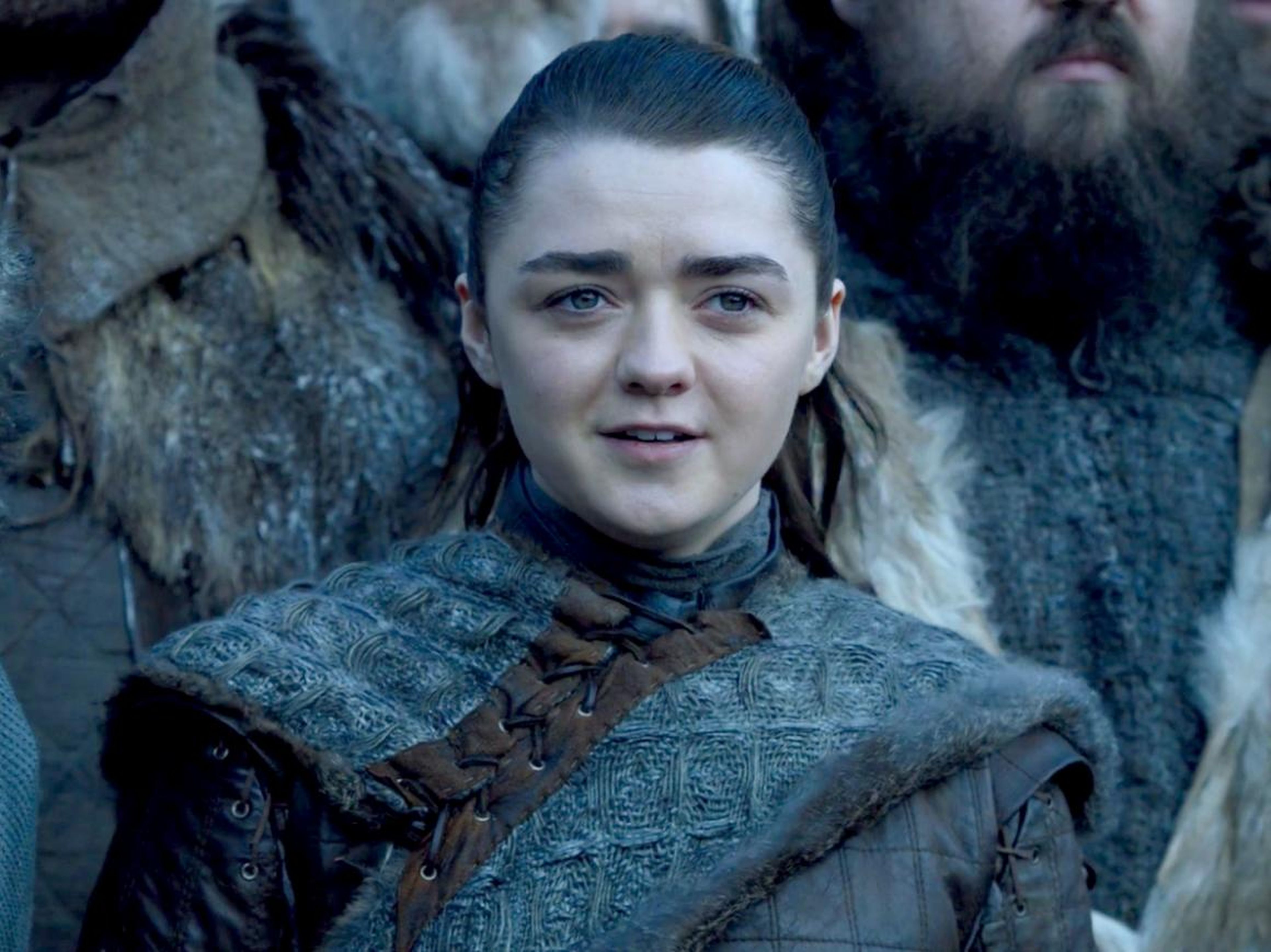 Maisie Williams as Arya Stark on season eight, episode one, "Winterfell."
