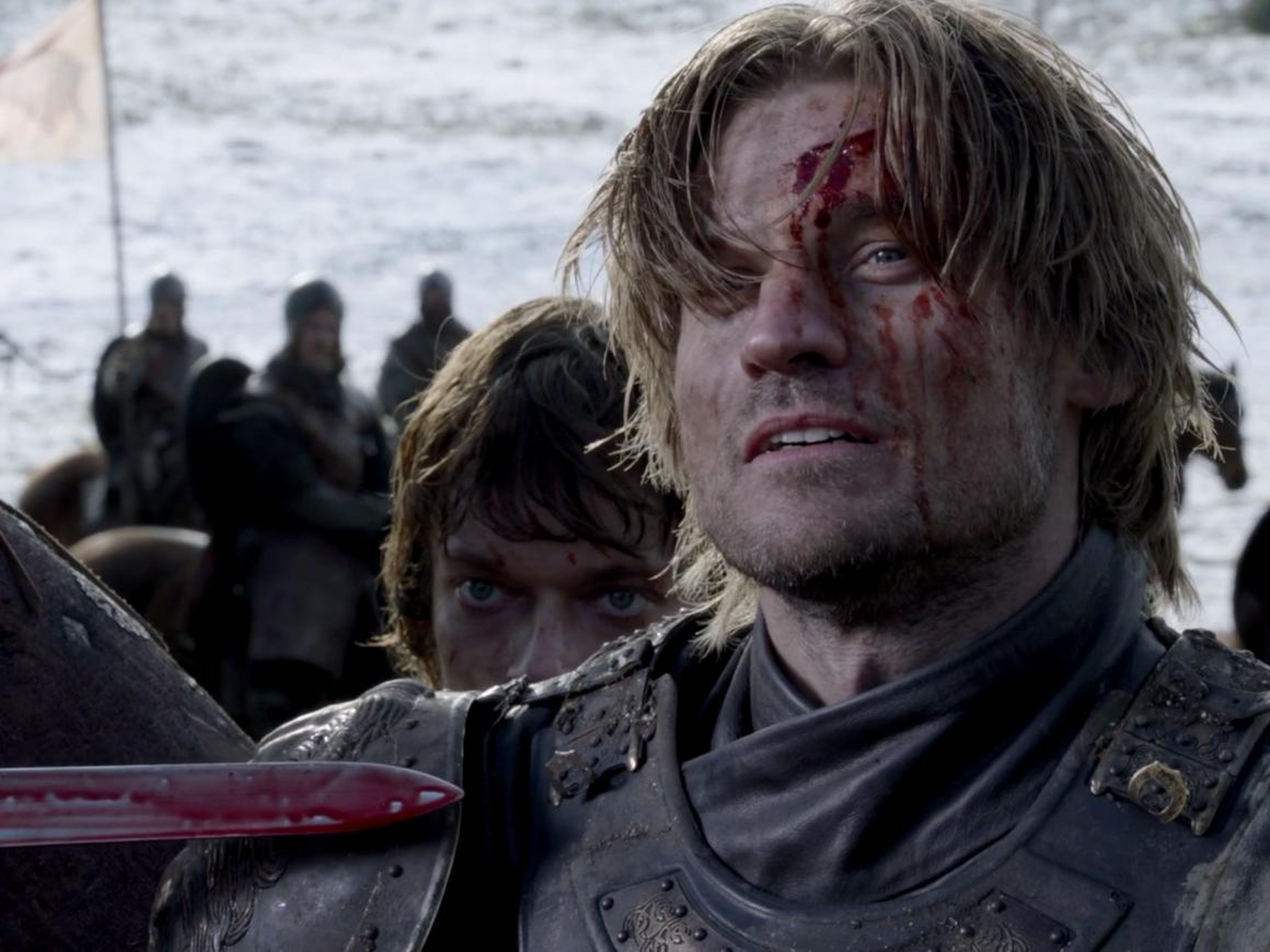 Jaime and Theon standing before King Robb Stark on season one, episode nine, "Baelor."
