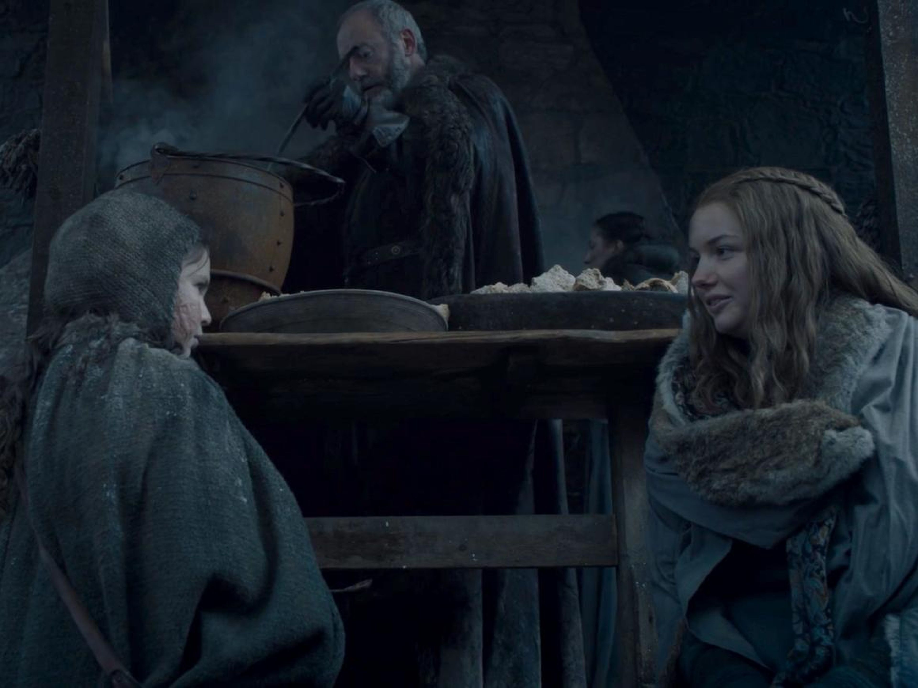A little Winterfell girl, Ser Davos, and Gilly on "Game of Thrones."
