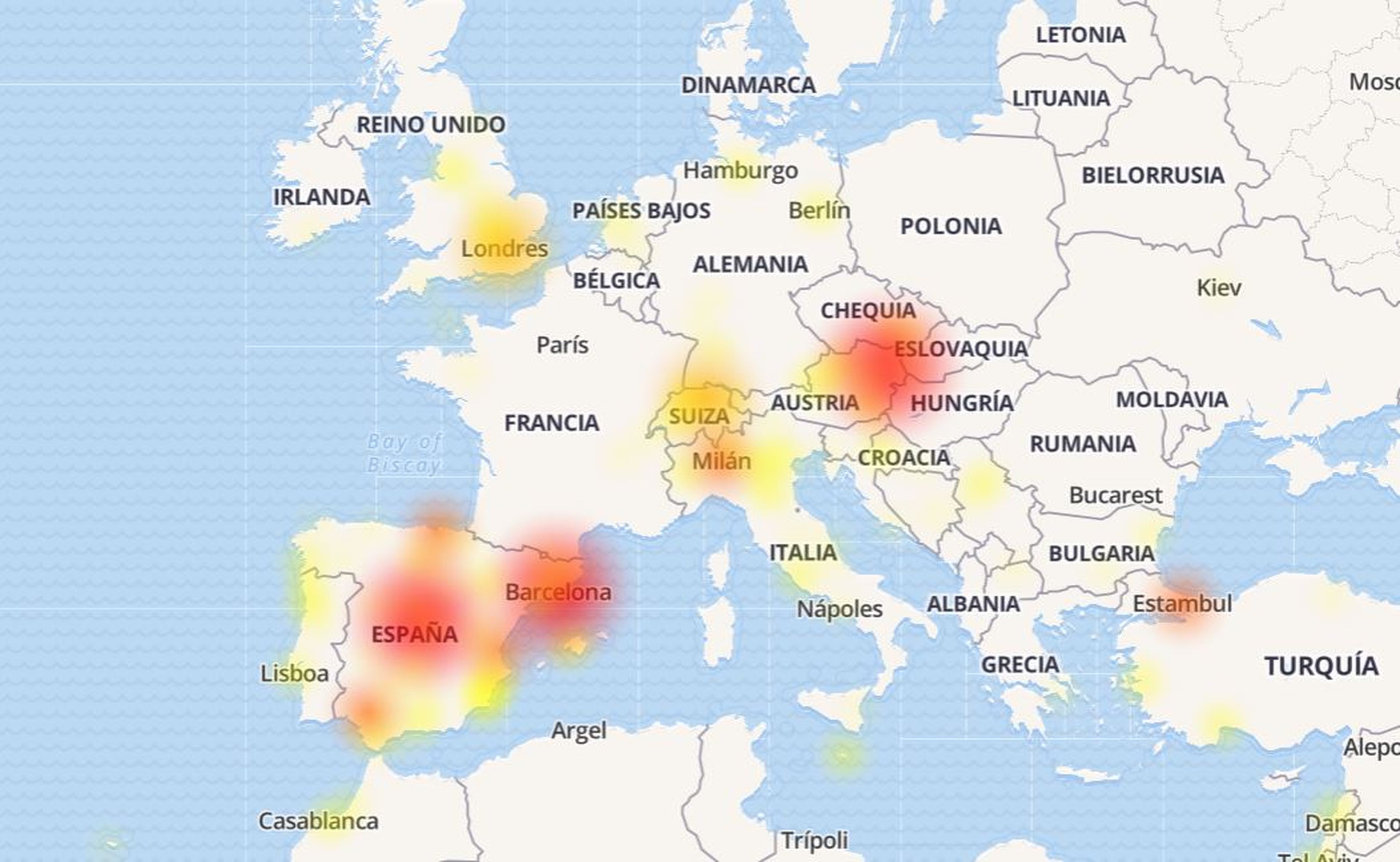 Este mapa de calor muestra dónde se están registrando los fallos de conexión a WhatsApp este domingo 14 de abril.
