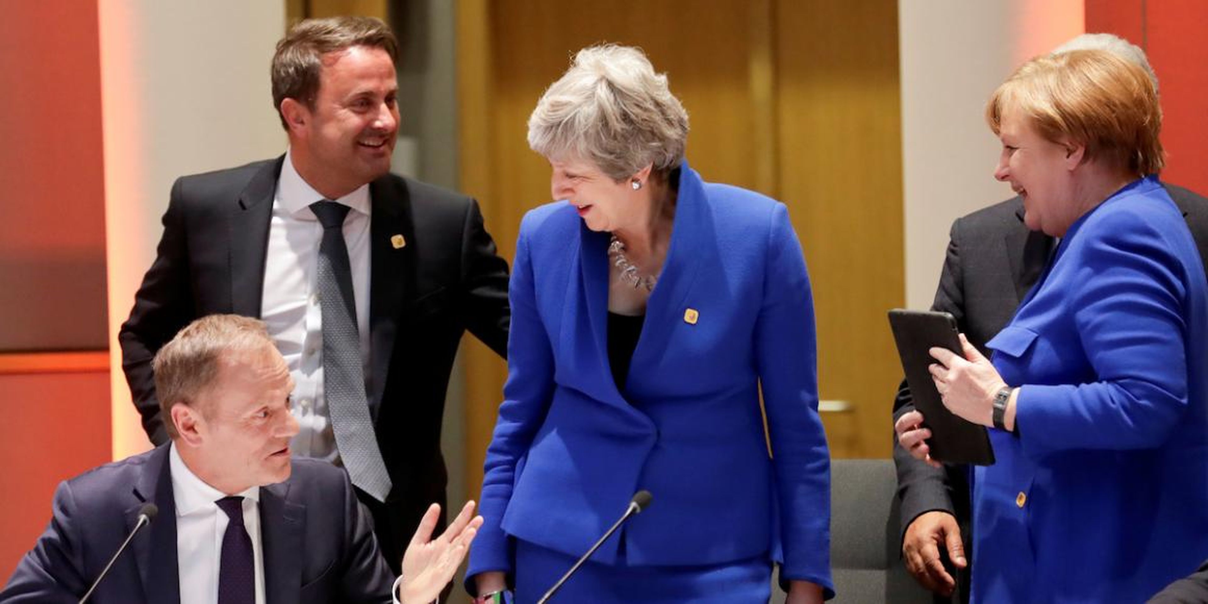 German Chancellor Angela Merkel, Britain's Prime Minister Theresa May, European Council President Donald Tusk and Luxembourg's Prime Minister Xavier Bettel attend an extraordinary European Union leaders summit to discuss Brexit,
