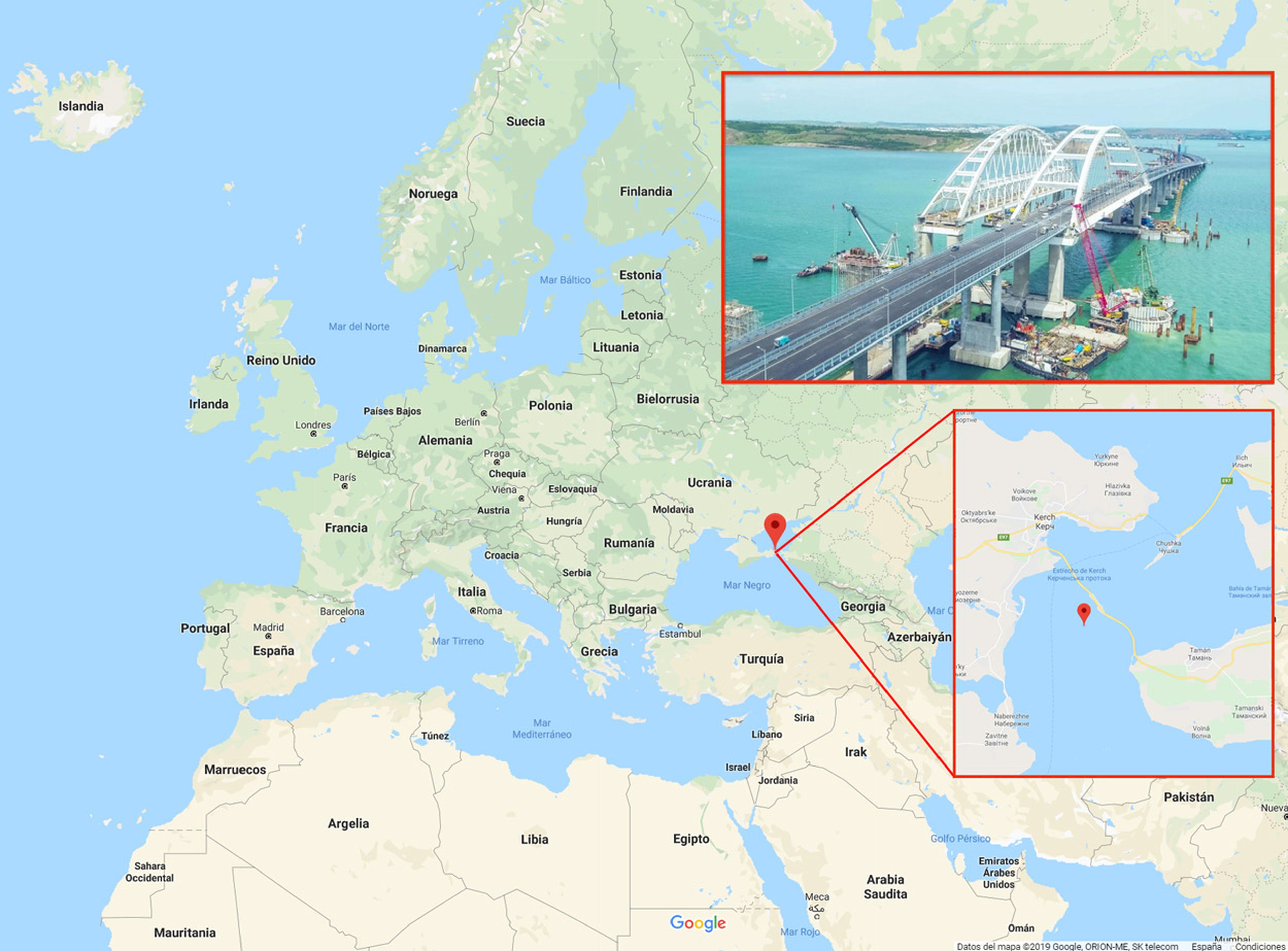 El puente de Crimea conecta Rusia y Europa. Docenas de barcos que navegan a su alrededor han recibido datos de localización falsos de los rusos.