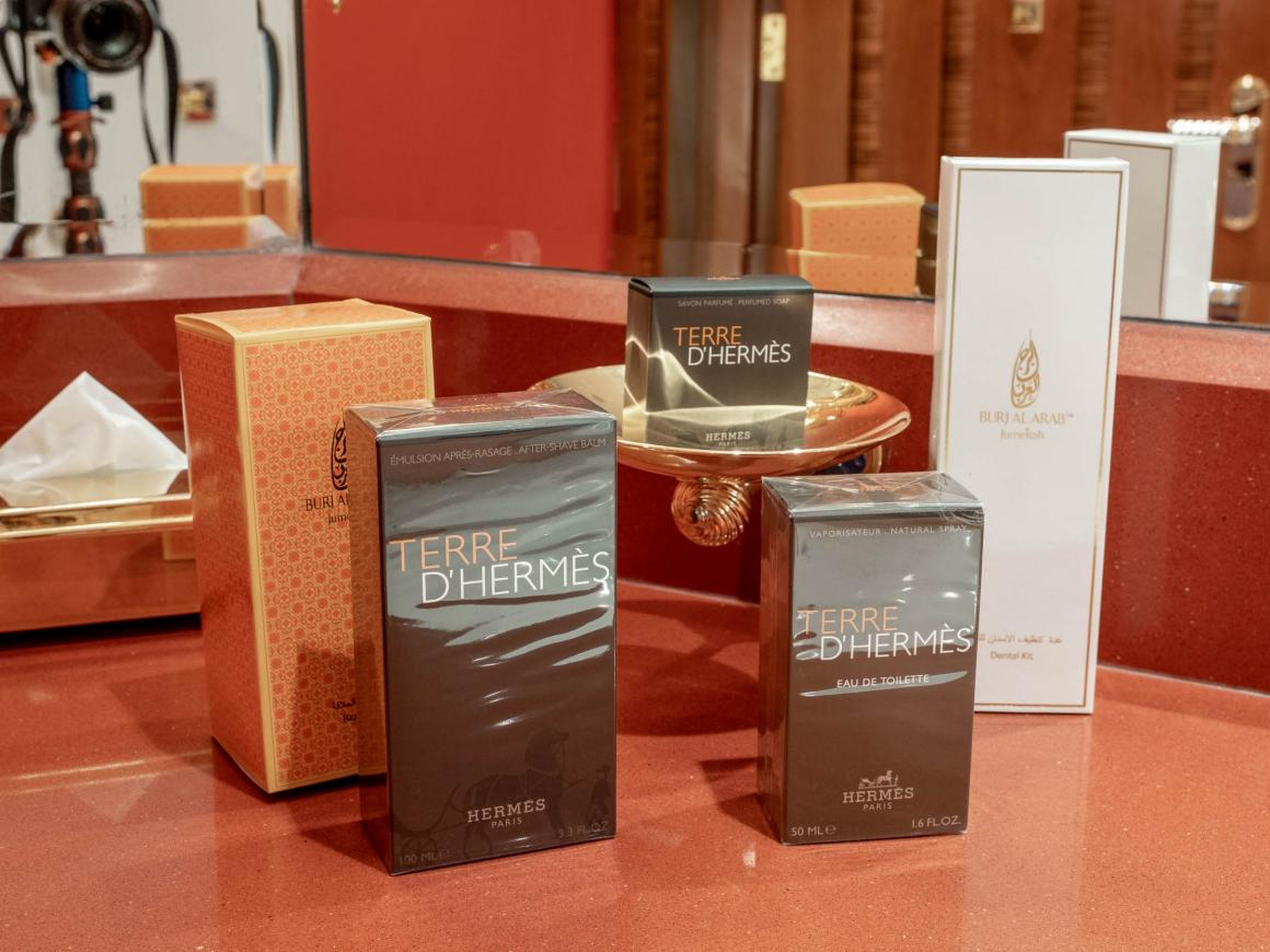 ... but it's not the set of full-size his-and-hers Hermès toiletries, including cologne and perfume, that each Burj room comes with. I kept the bar of Hermès body soap and stuck it in my suitcase. All my clothes now smell like