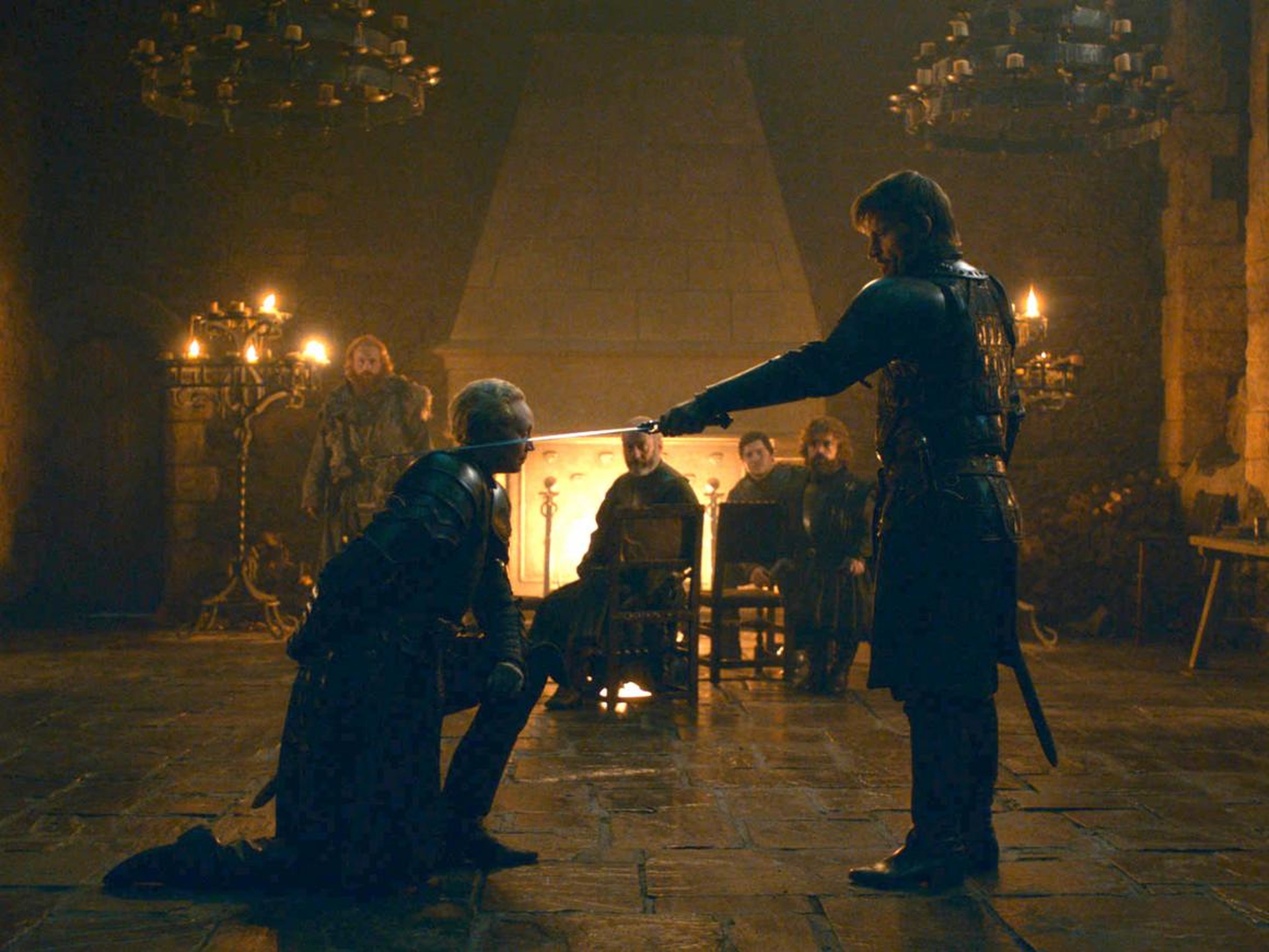 Brienne is knighted by Jamie on "Game of Thrones."