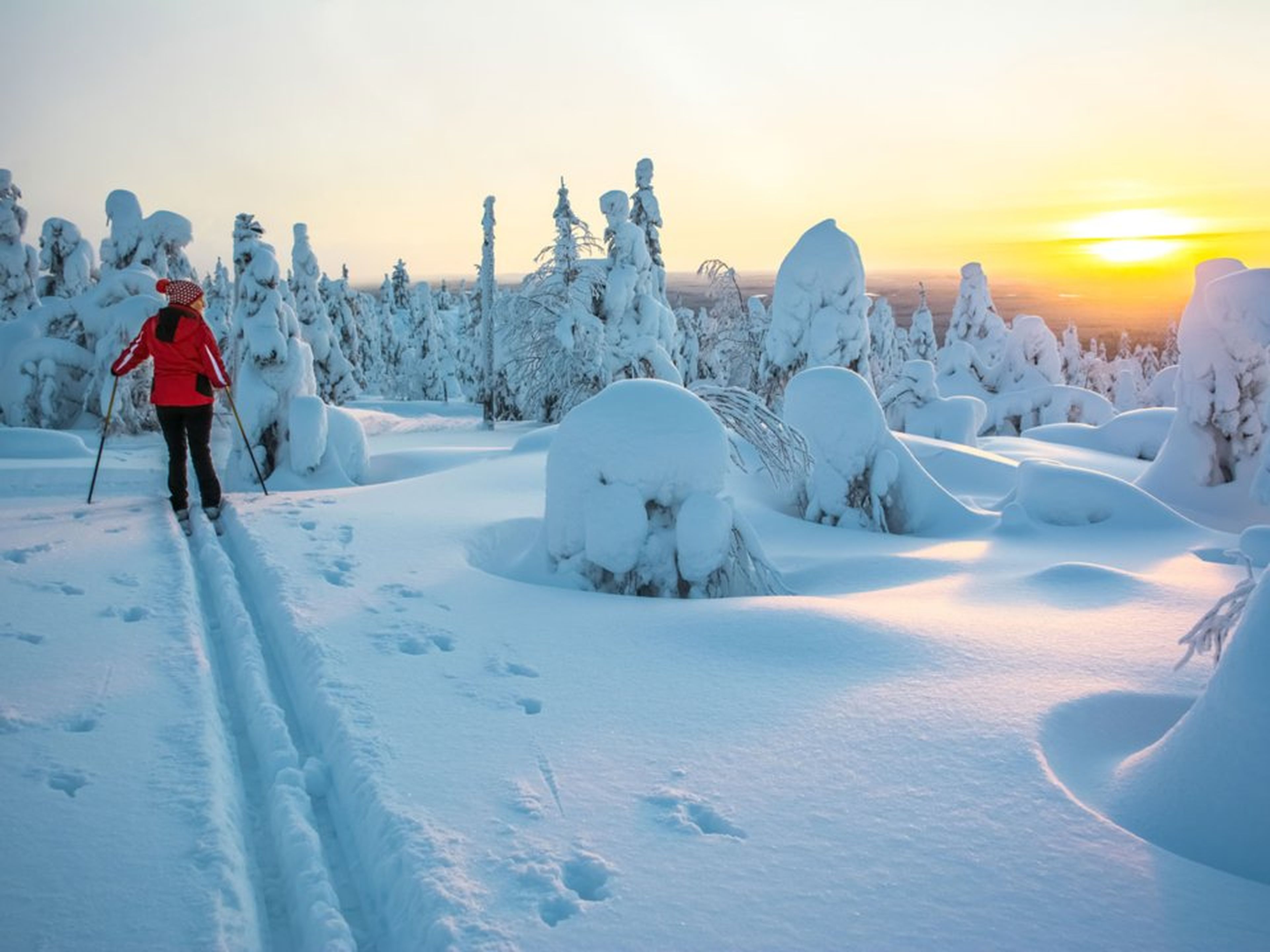 Una mujer practica esquí de fondo en Laponia, Finlandia.