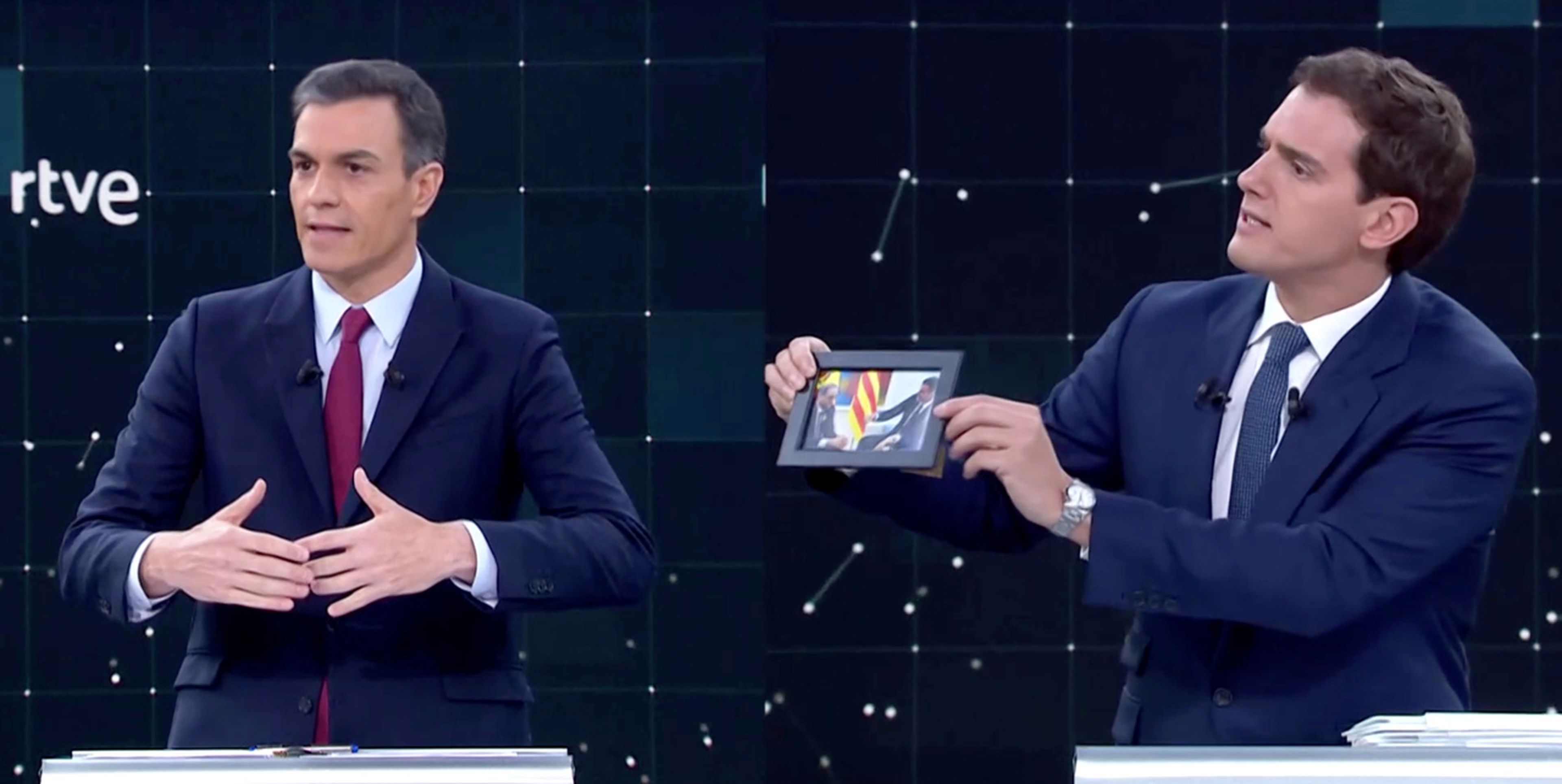Pedro Sánchez y Albert Rivera, durante el debate de RTVE con motivo de las Elecciones Generales 2019.