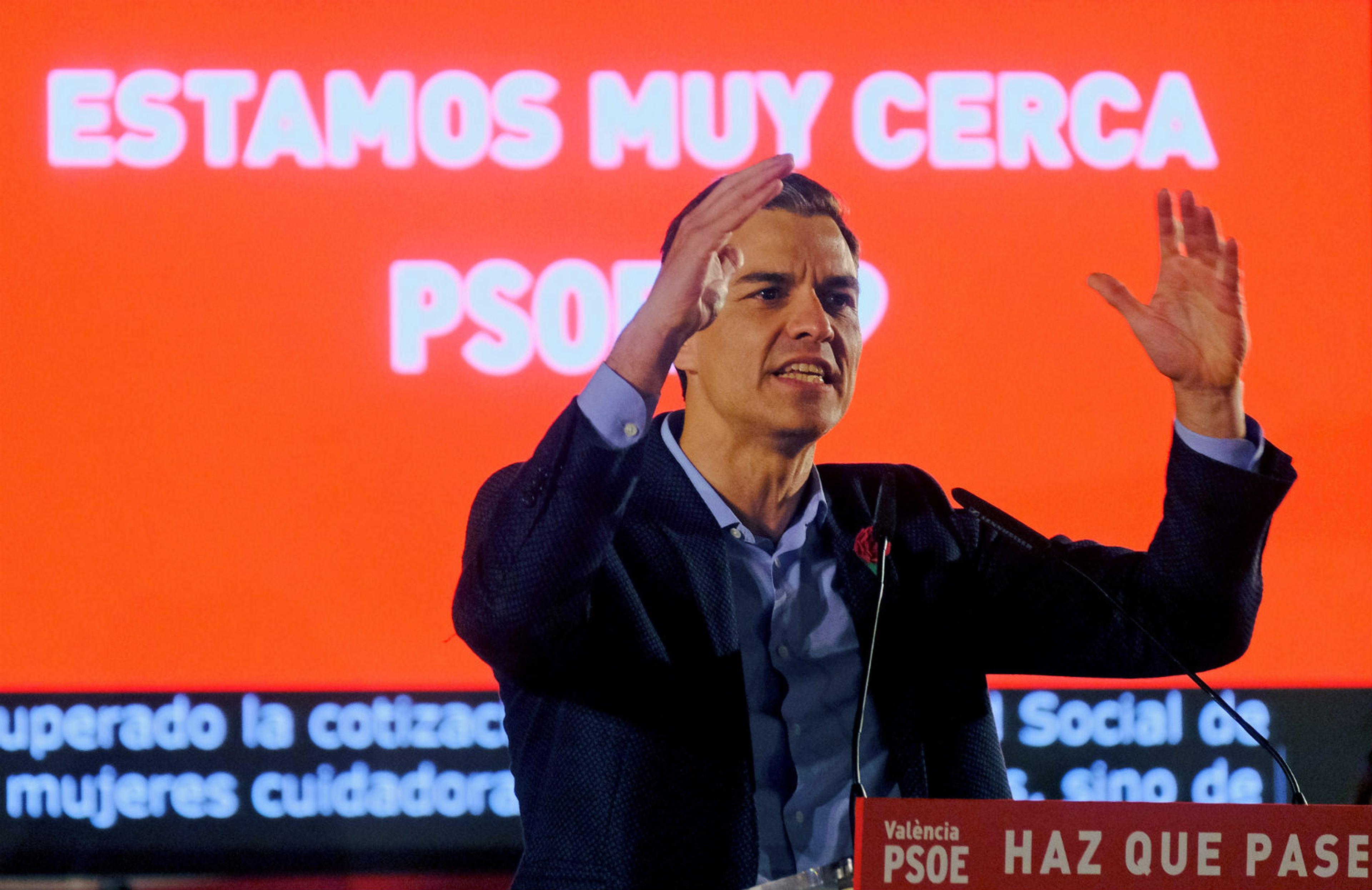 Pedro Sánchez en un mitin en la campaña electoral de las elecciones generales de 2019.