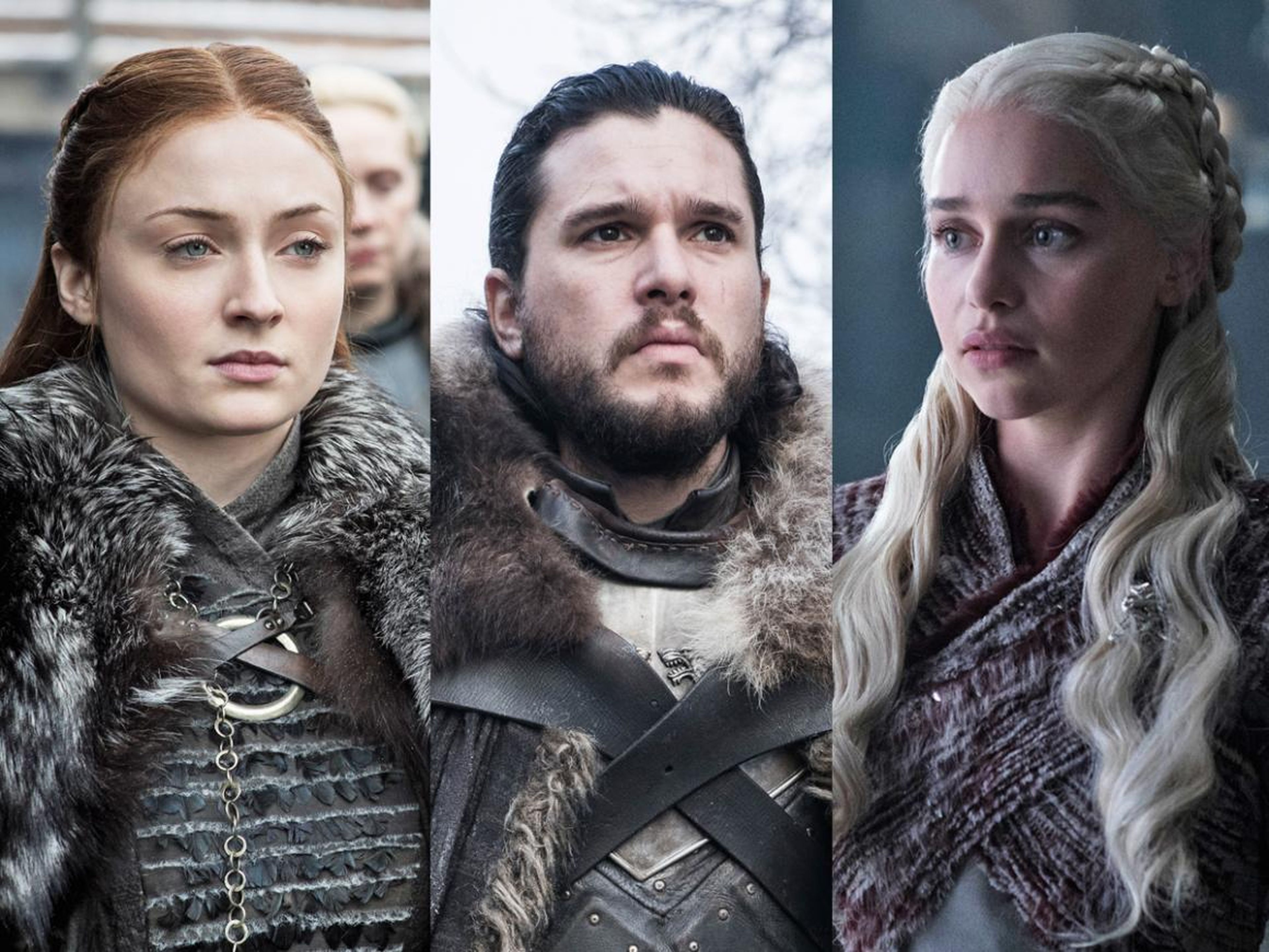 Sansa Stark, Jon Snow, y Daenerys Targaryen en "Juego de Tronos" temporada 8.