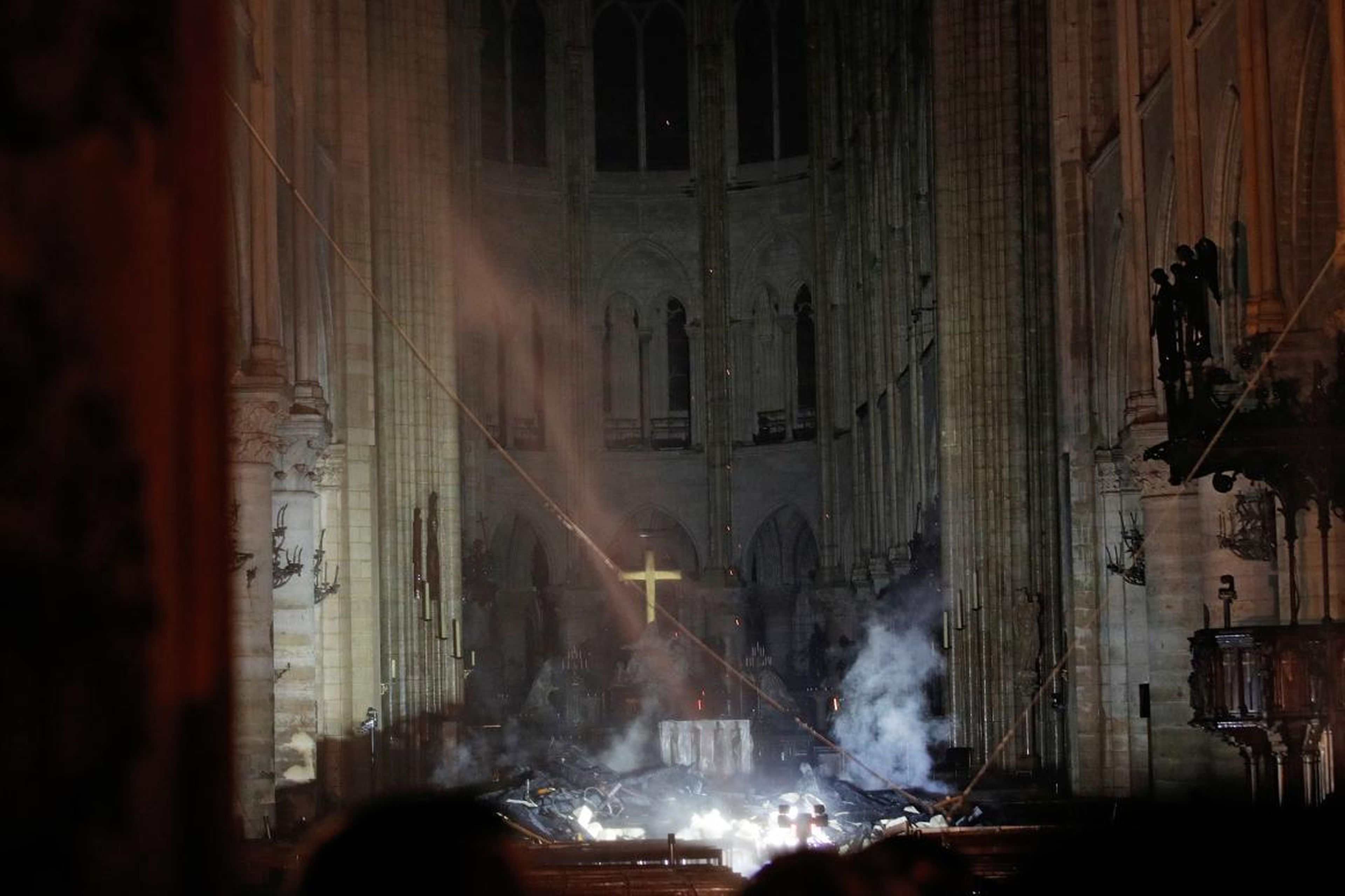 The interior of Notre-Dame seen as the fire continued to burn early Tuesday.