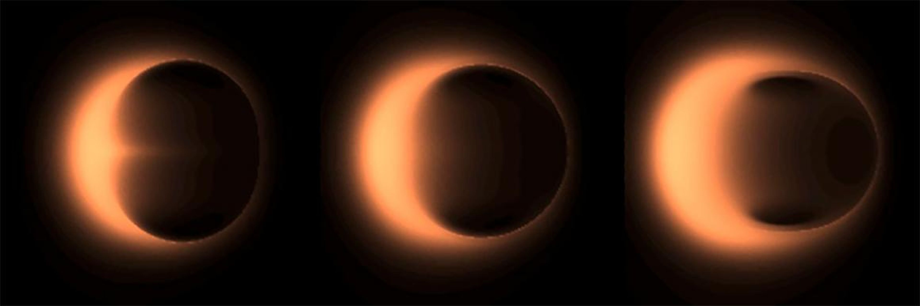 Diferentes simulaciones que muestran cómo se podría ver un agujero negro supermasivo.