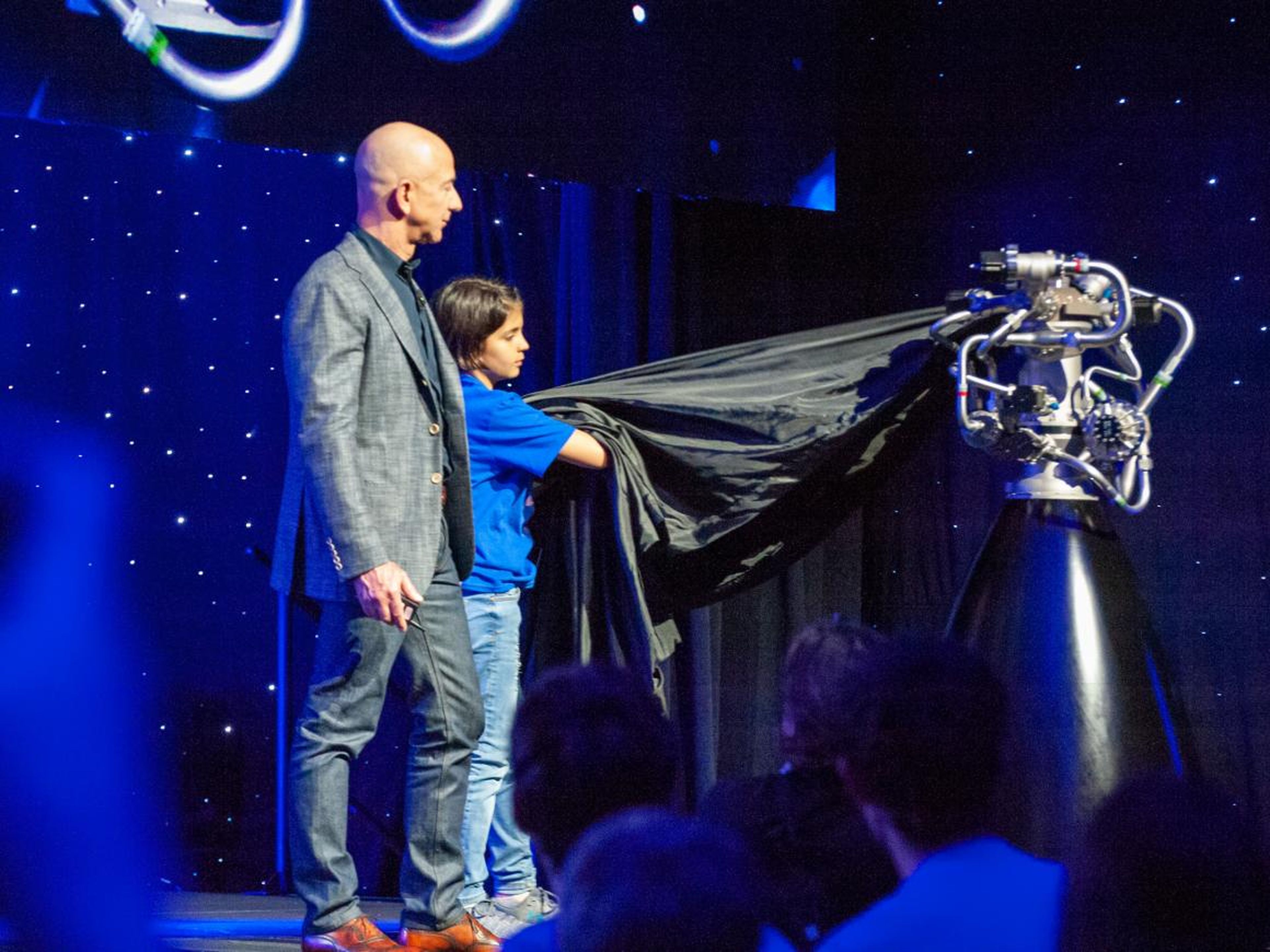 Although the lander was a model, Bezos did unveil an actual rocket engine, called BE-7, which is designed to power Blue Moon landers.
