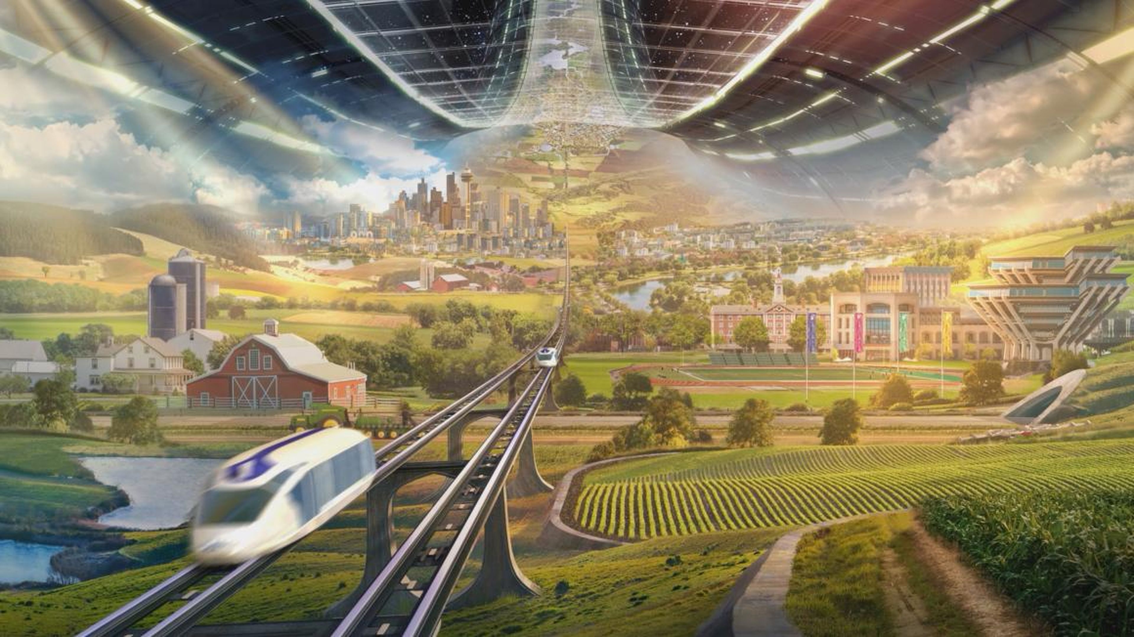 An artist's concept of an O'Neill space colony, with agriculture and high-speed transport.