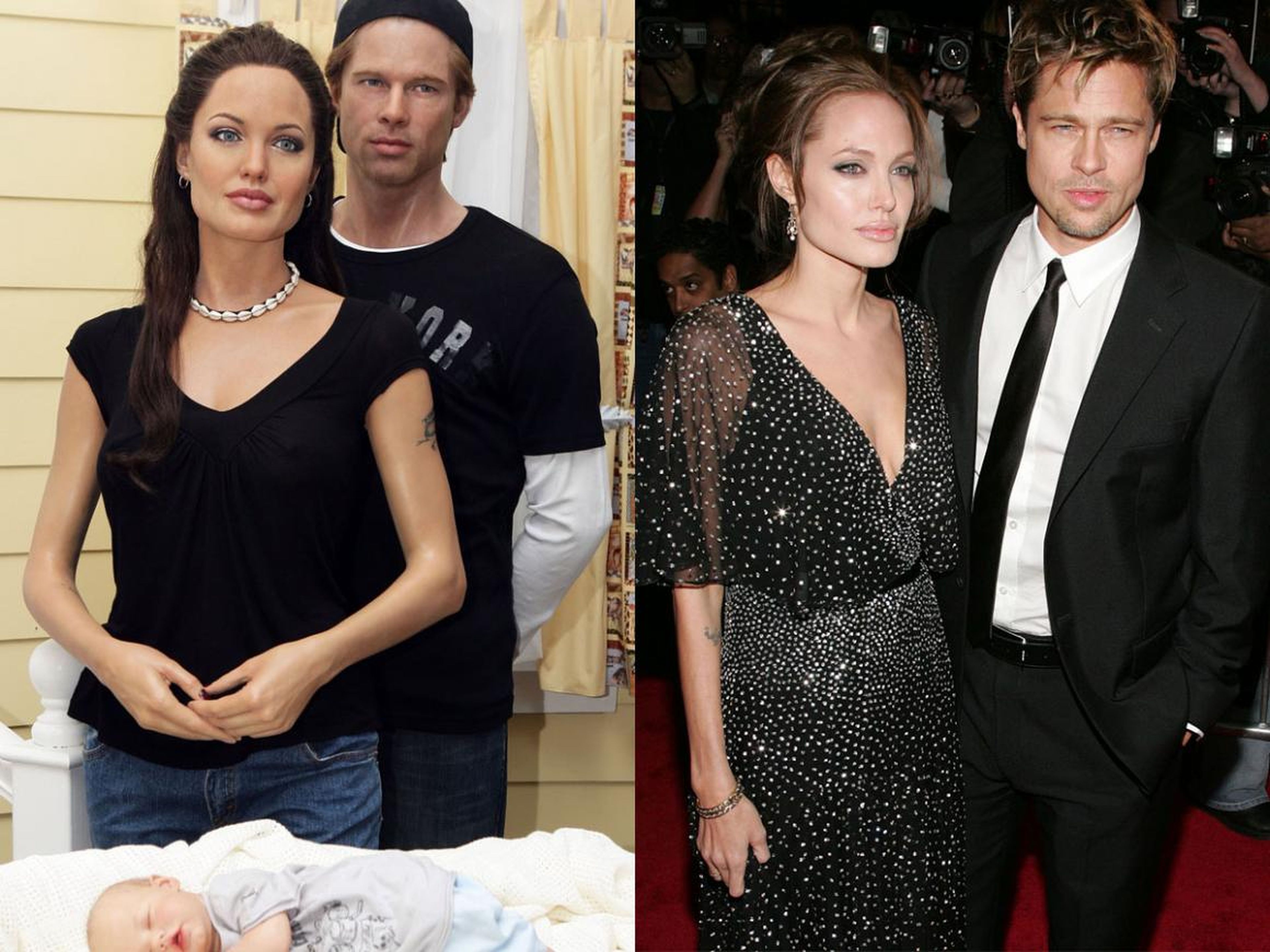 A la izquierda están las figuras de cera de Shiloh Jolie-Pitt, Angelina Jolie y Brad Pitt. A la derecha están Jolie y Pitt en el estreno de "El buen pastor" en diciembre de 2006.