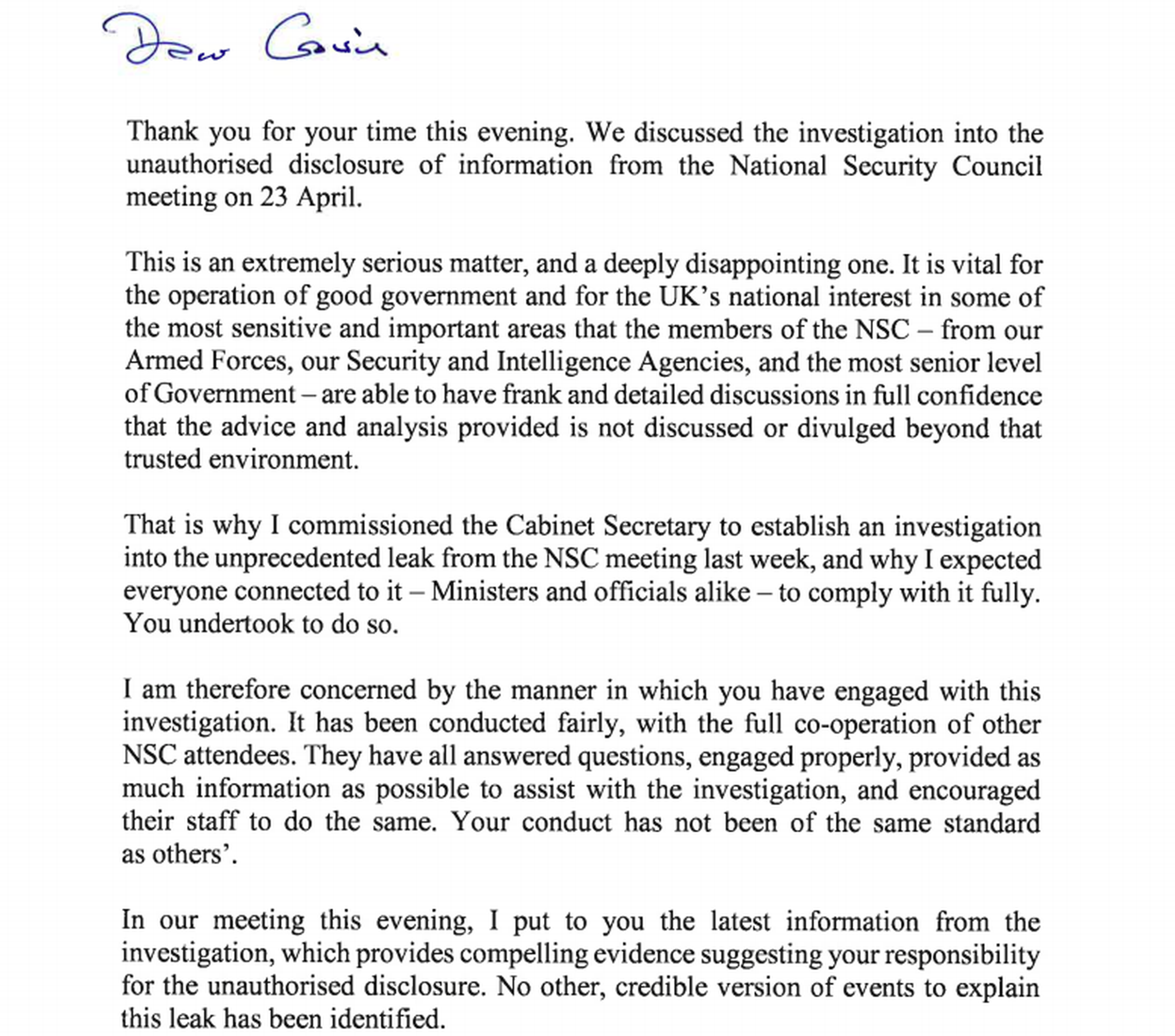 Carta con la que May ha pedido la dimisión de Williamson.