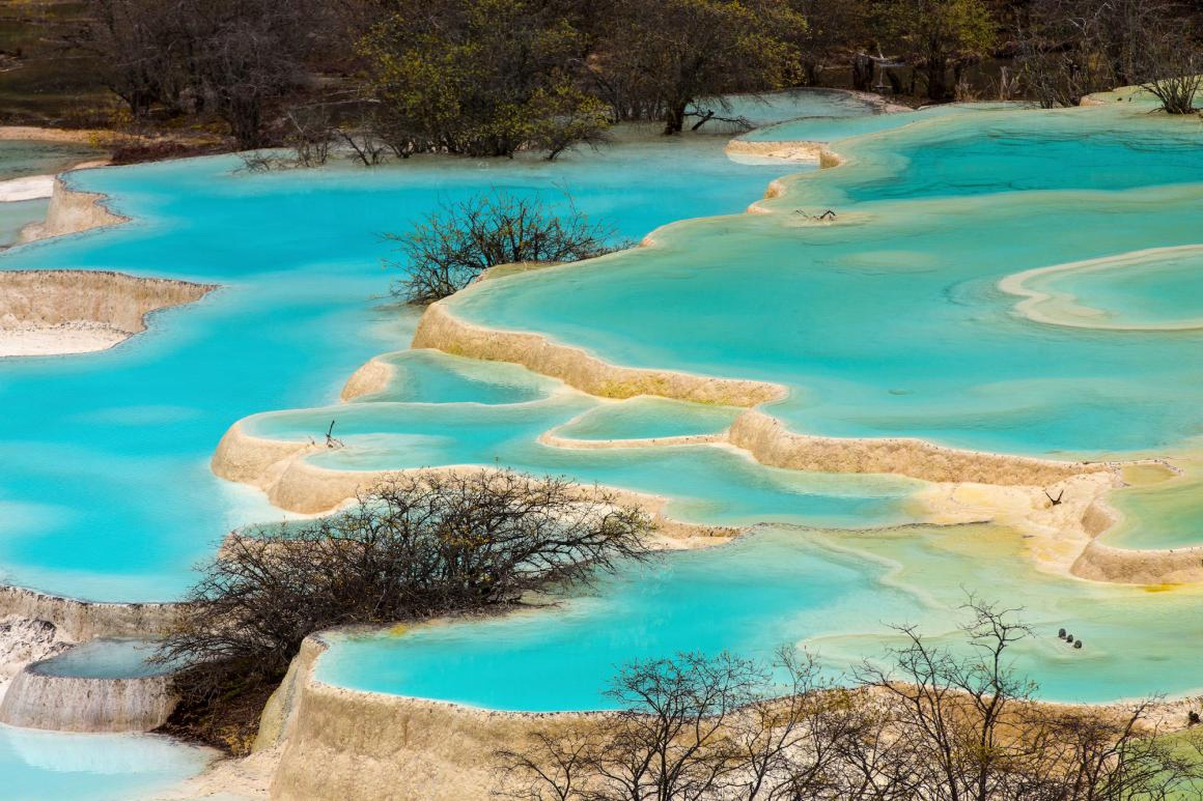 Estas aguas termales que cambian de color se encuentran en el valle de Huanglong en China.