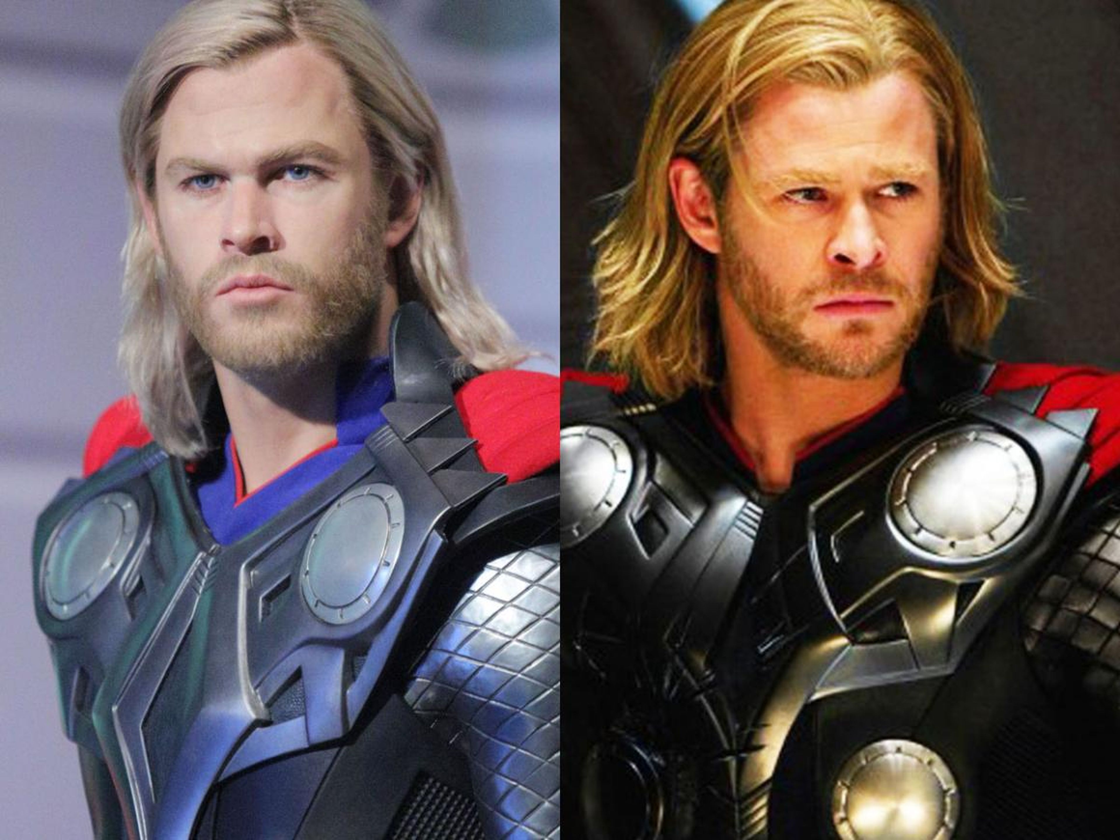 A la izquierda está la figura de cera. A la derecha está Hemsworth en acción como Thor en la película Marvel de 2011.