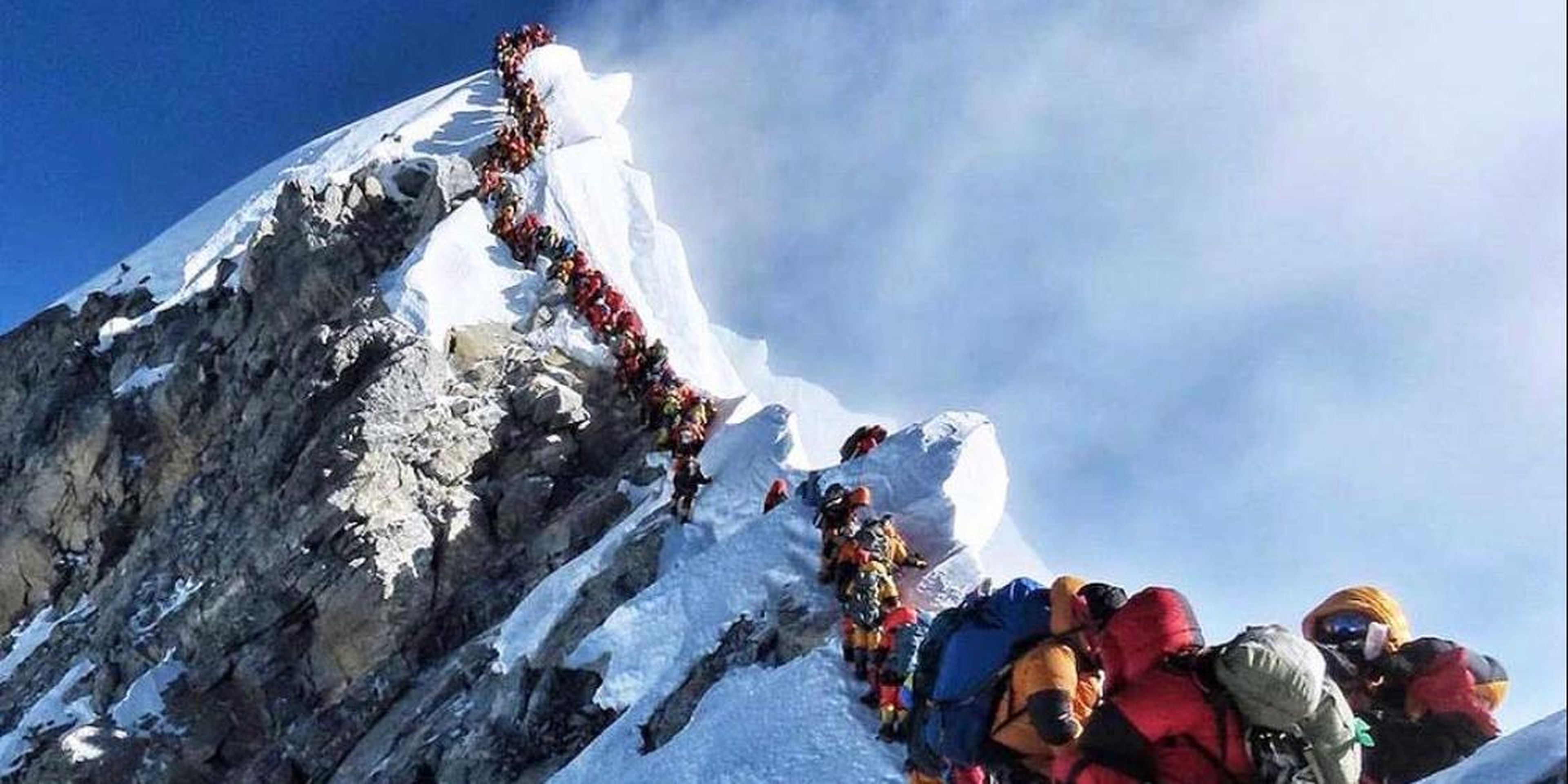 Climbers waiting in the "death zone" to summit Mount Everest.