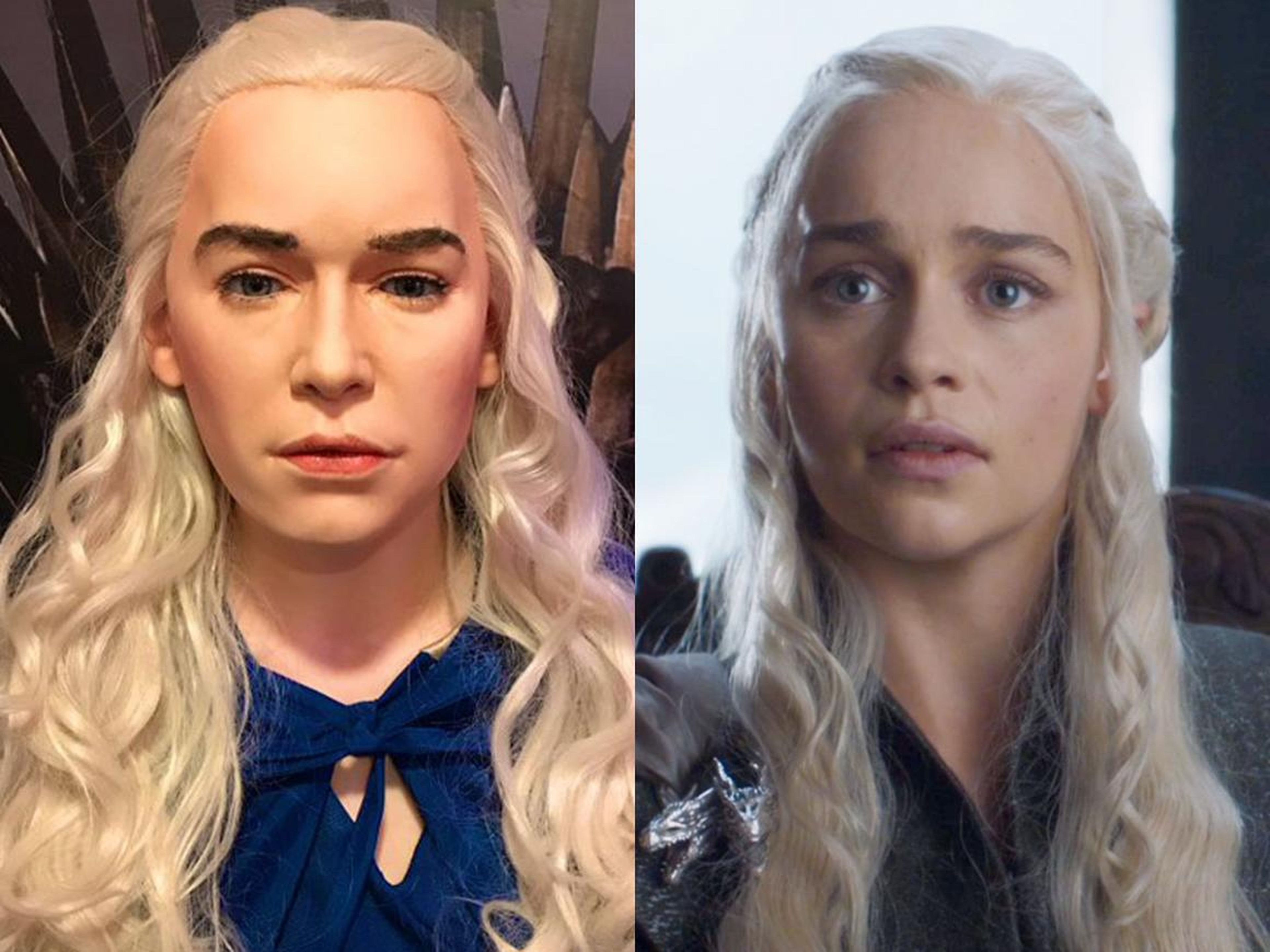 A la izquierda está la figura de cera de Daenerys Targaryen. A la derecha está Emilia Clarke como la Madre de los Dragones en "Juego de Tronos".
