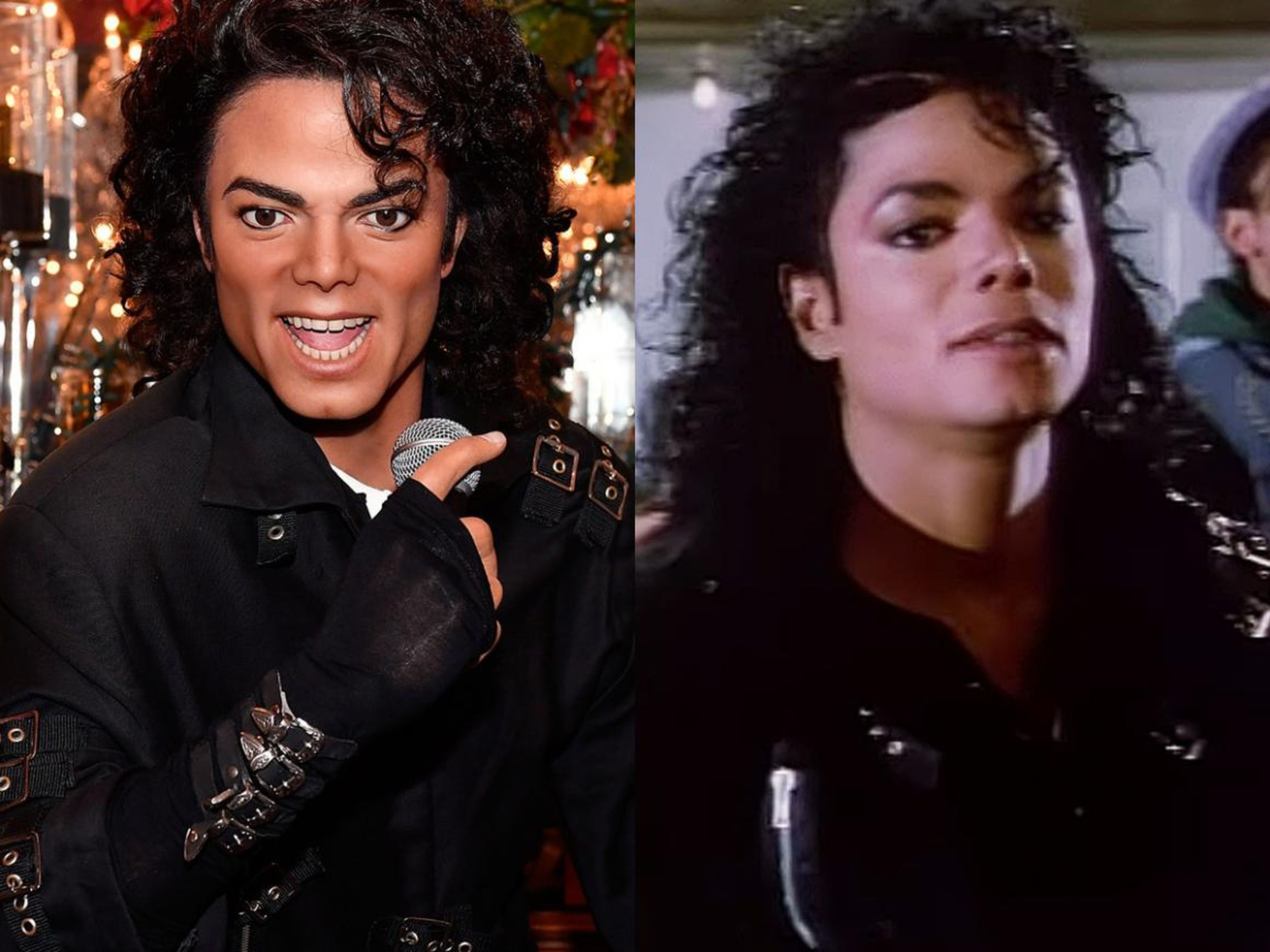 A la izquierda está la figura de cera de Jackson, presentada en agosto de 2016. A la derecha está Jackson en el video musical de "Bad".
