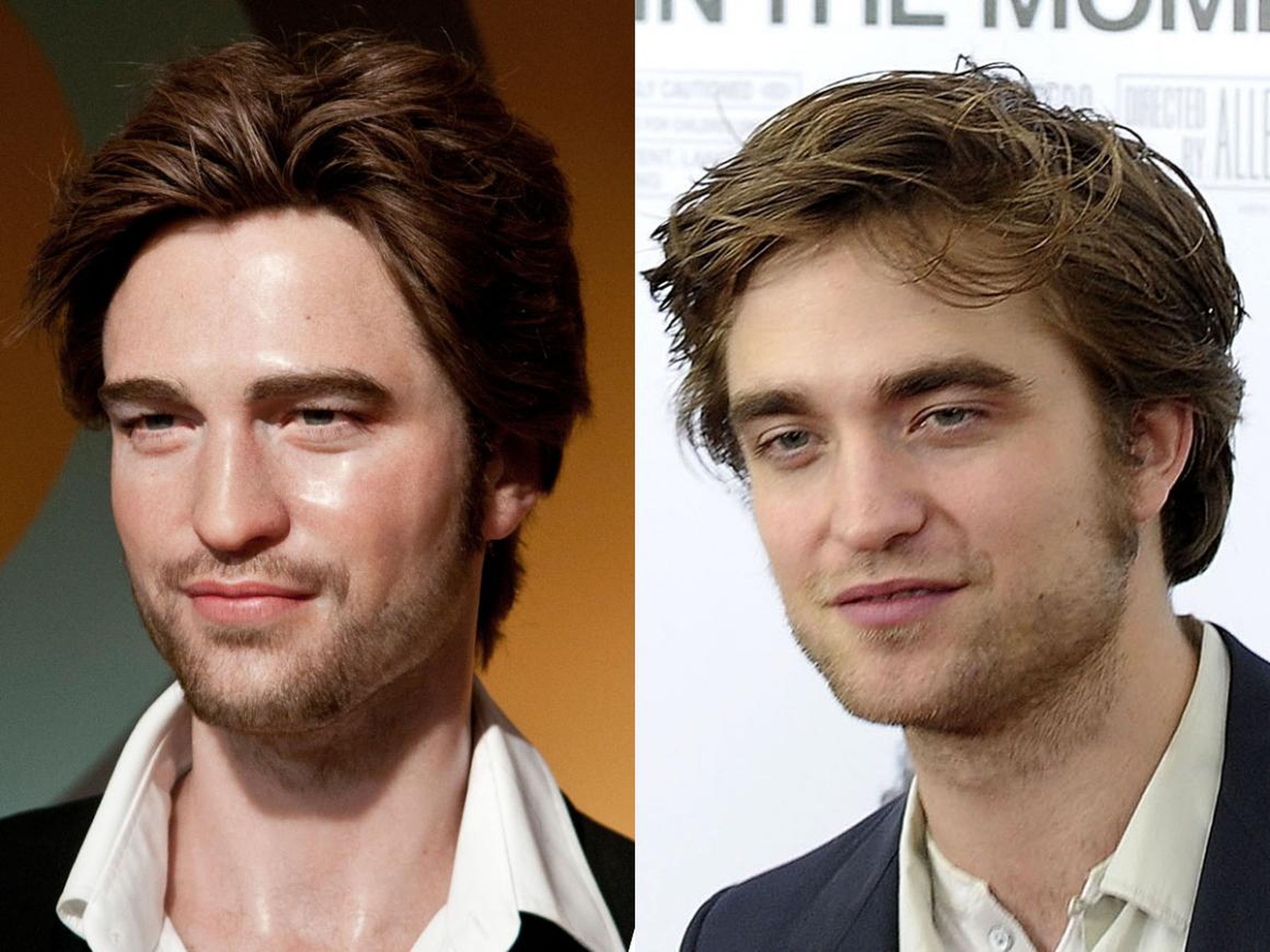 A la izquierda está la figura de cera de Pattinson. A la derecha está Pattinson en el estreno en Nueva York de "Recuérdame" en marzo de 2010.