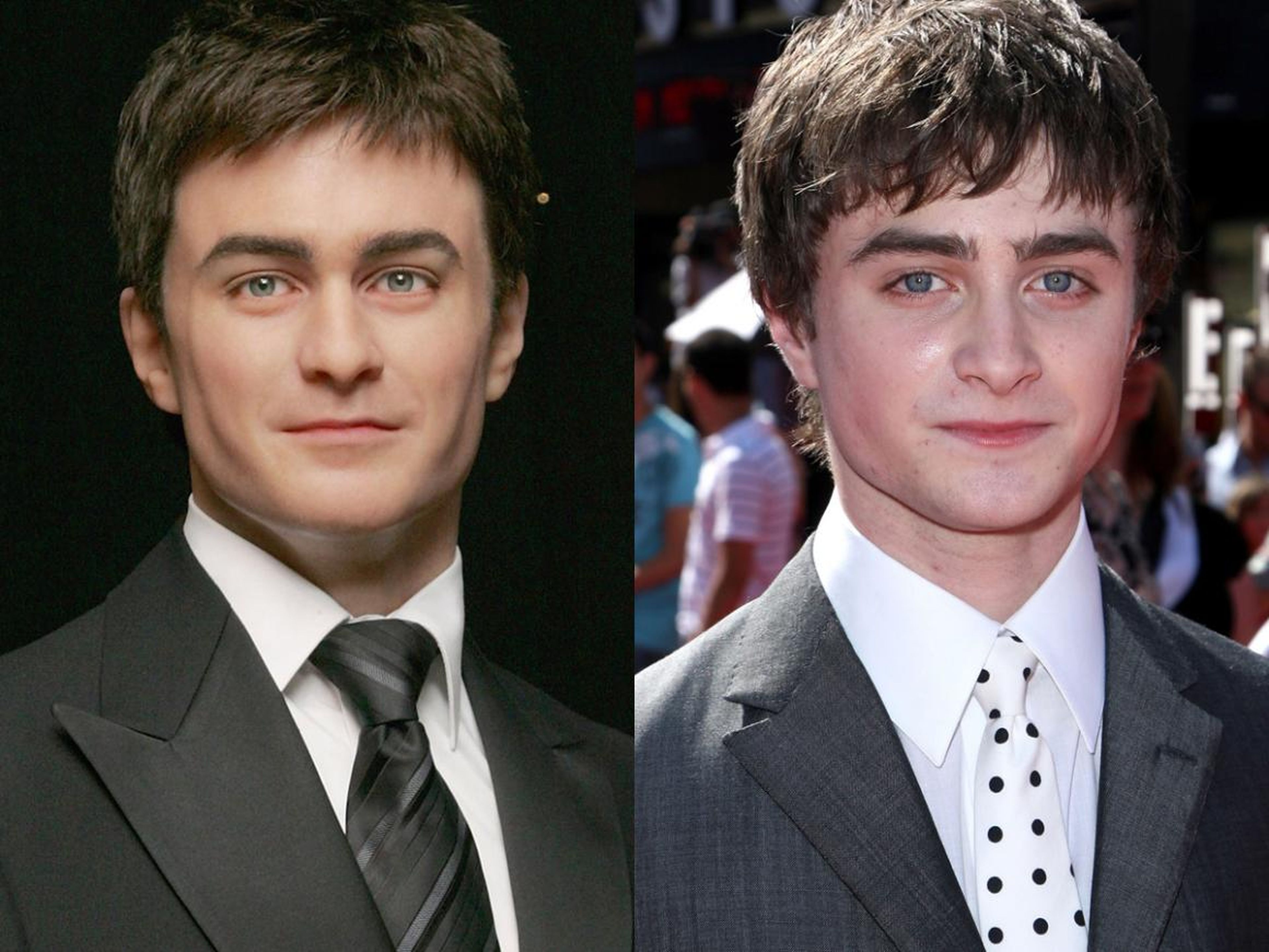 A la izquierda está la figura de cera de Radcliffe. A la derecha está Radcliffe en el estreno de "Harry Potter y la Orden del Fénix" en julio de 2007.