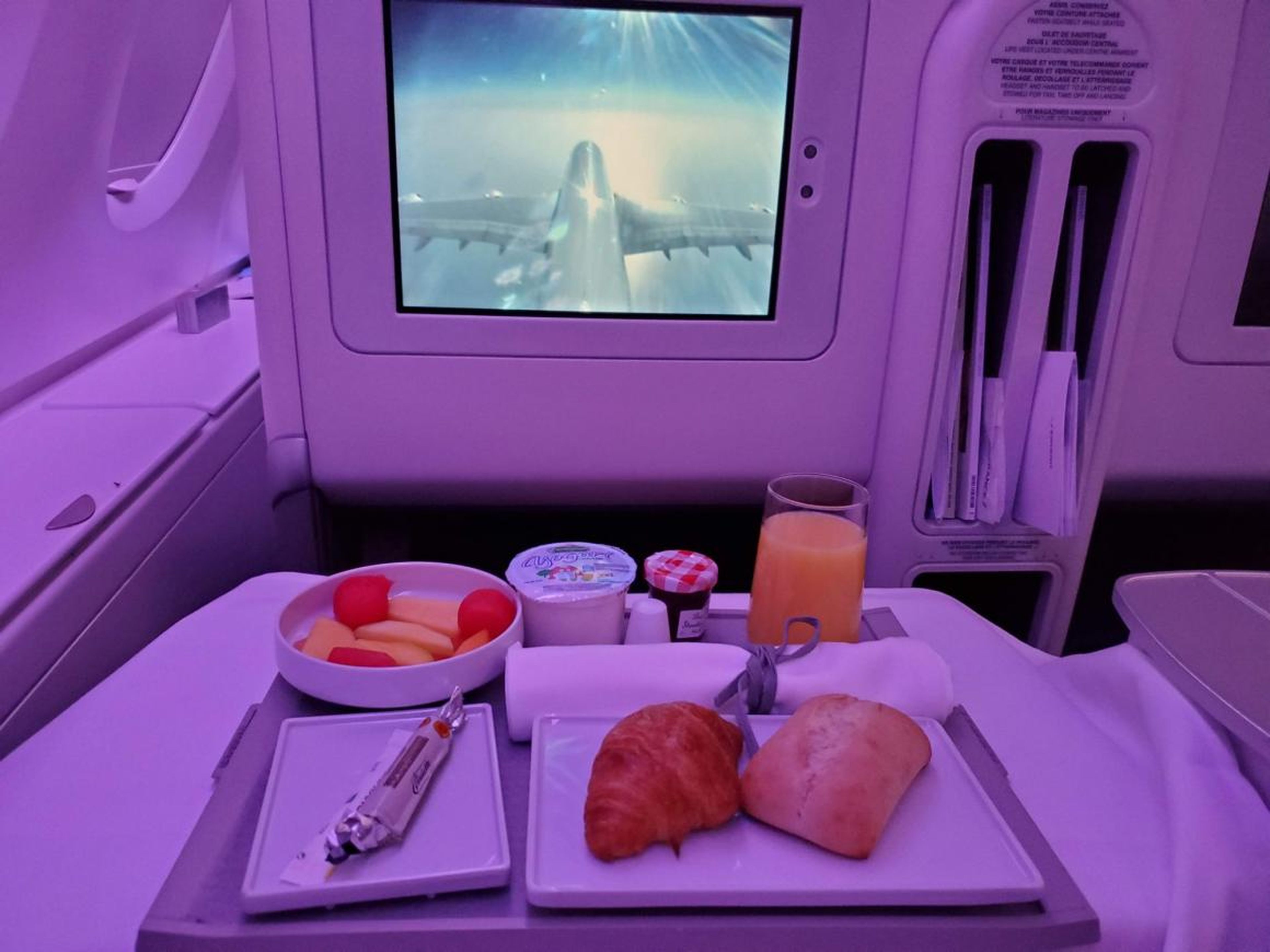 Before I knew it, breakfast was served. The croissant was warm, while the fruit salad and juice tasted fresh. I always struggle with wanting to eat breakfast on overnight flights when my body thinks it's 3 a.m., but this was a
