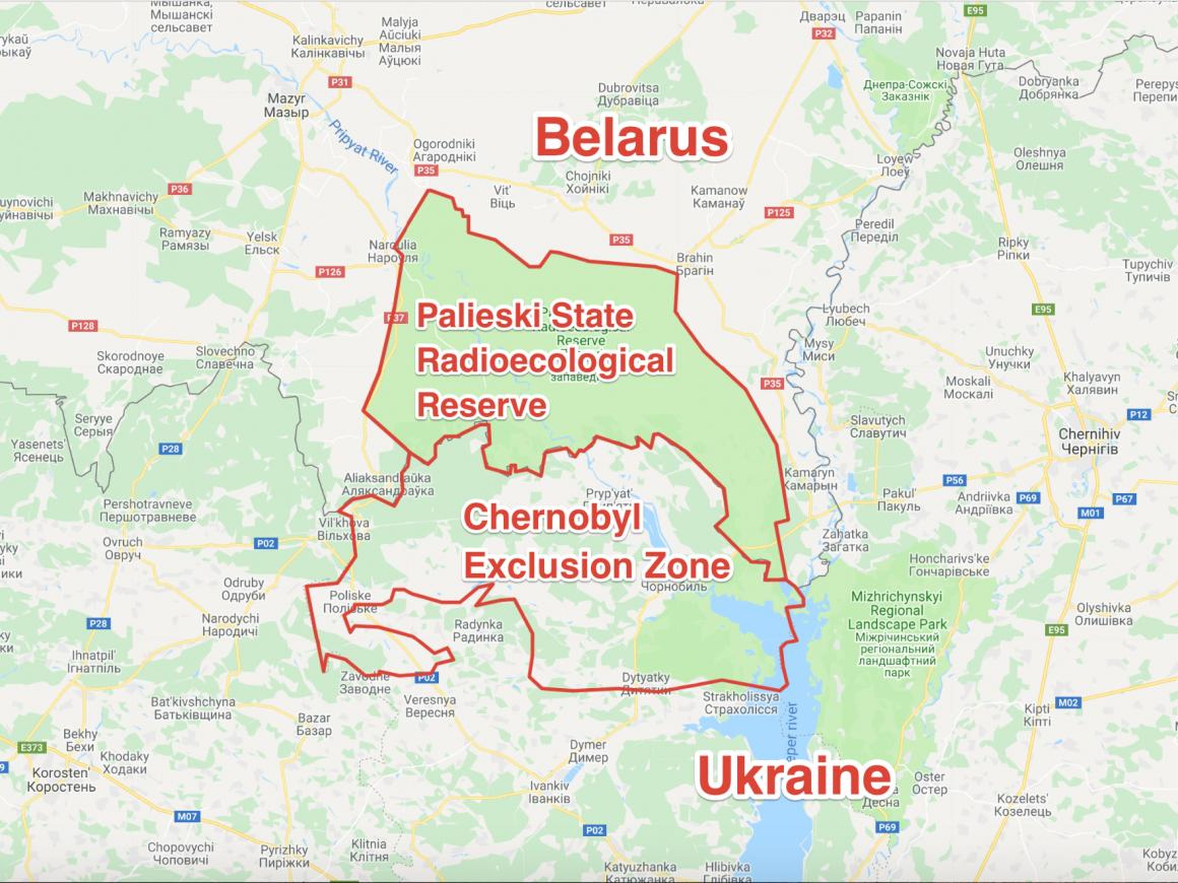 It adjoins the exclusion zone in neighboring Belarus, known as the Palieski State Radioecological Reserve. Though the explosion took place in Ukraine, much of the radiation from the Chernobyl disaster was blown north to Belarus.