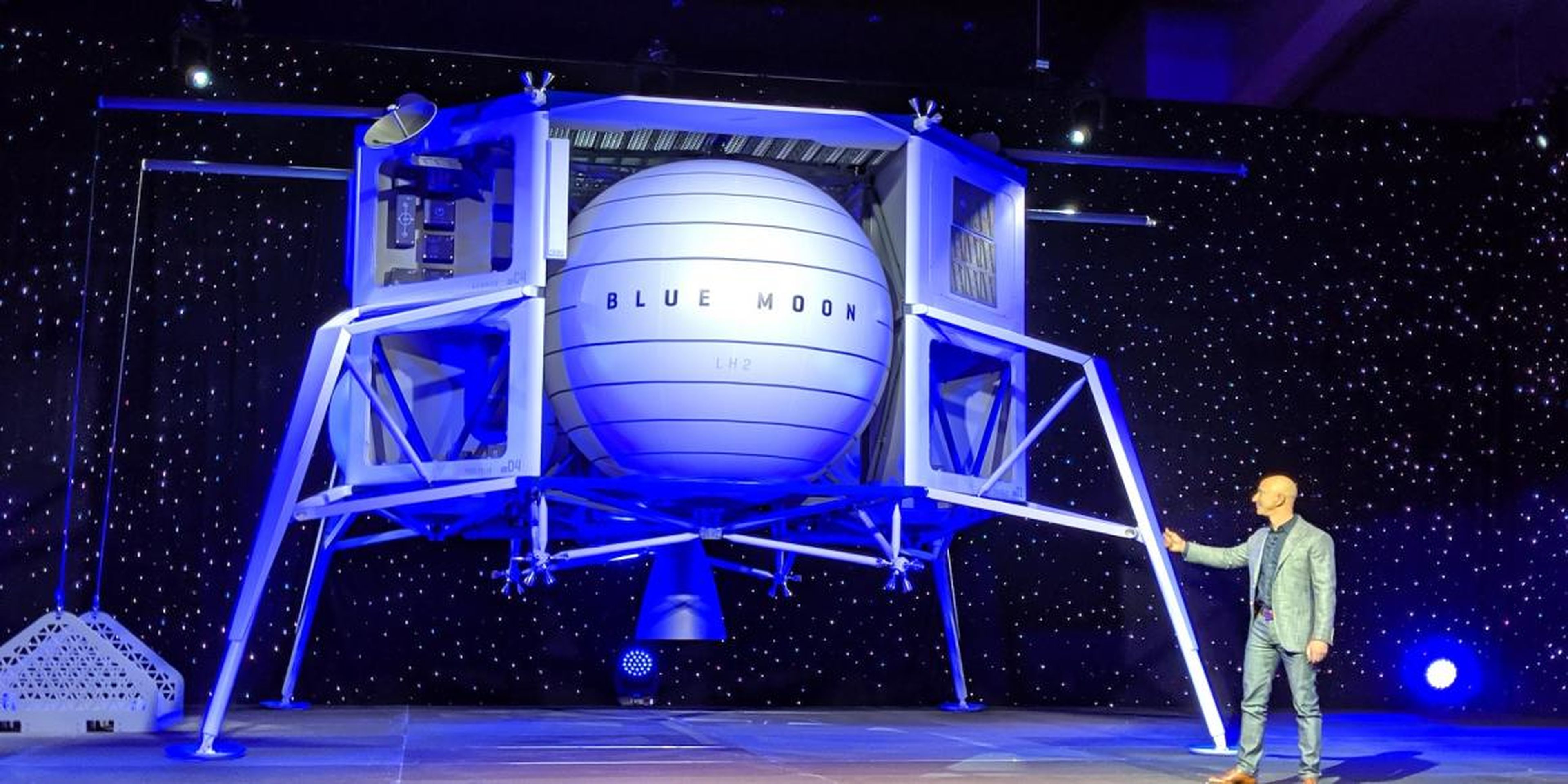 Jeff Bezos unveils a model of Blue Origin's "Blue Moon" lunar lander on May 9, 2019, in Washington DC.