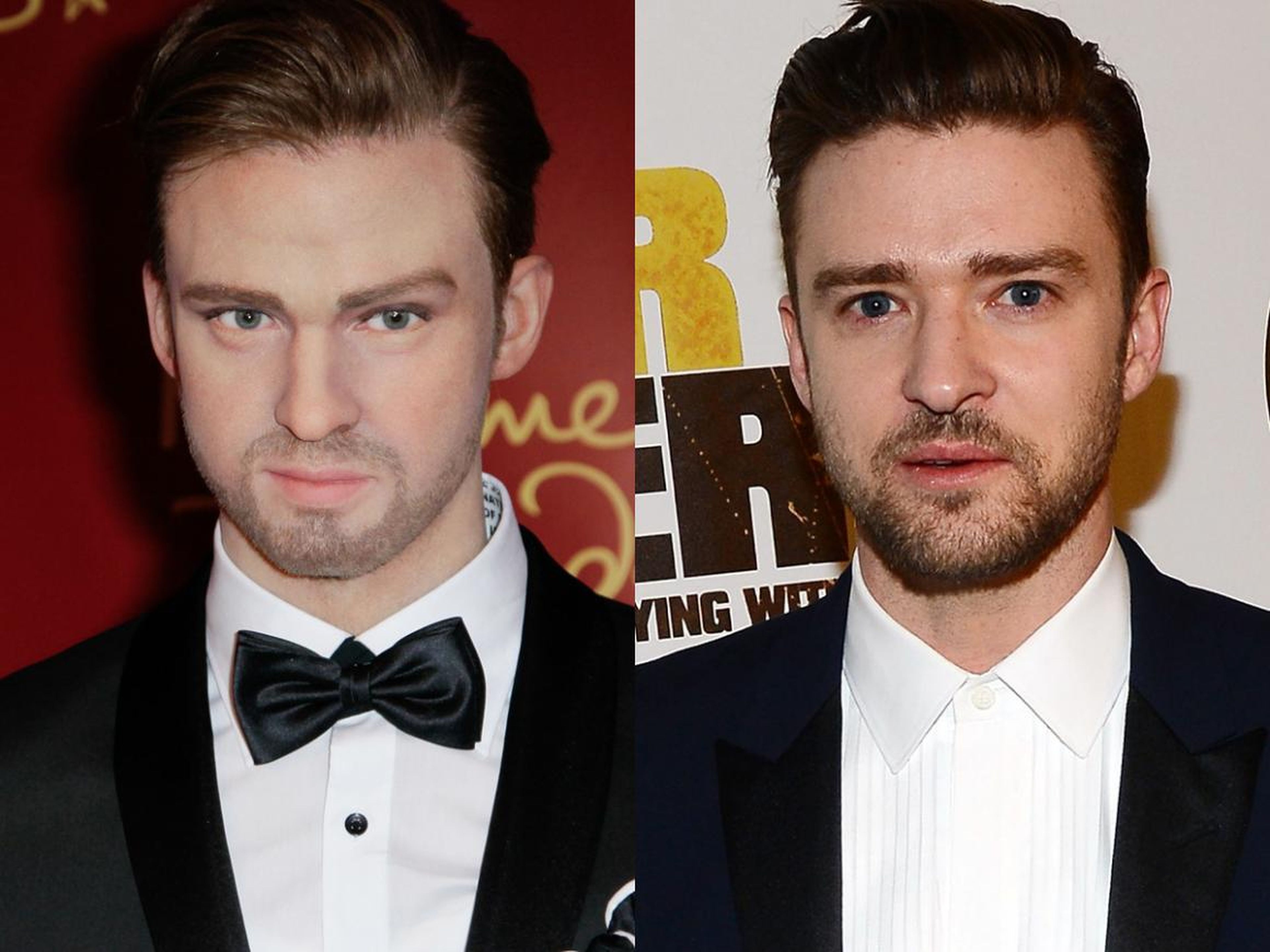 A la izquierda está la figura de cera de Timberlake. A la derecha está Timberlake en el estreno de "Runner Runner" en septiembre de 2013.