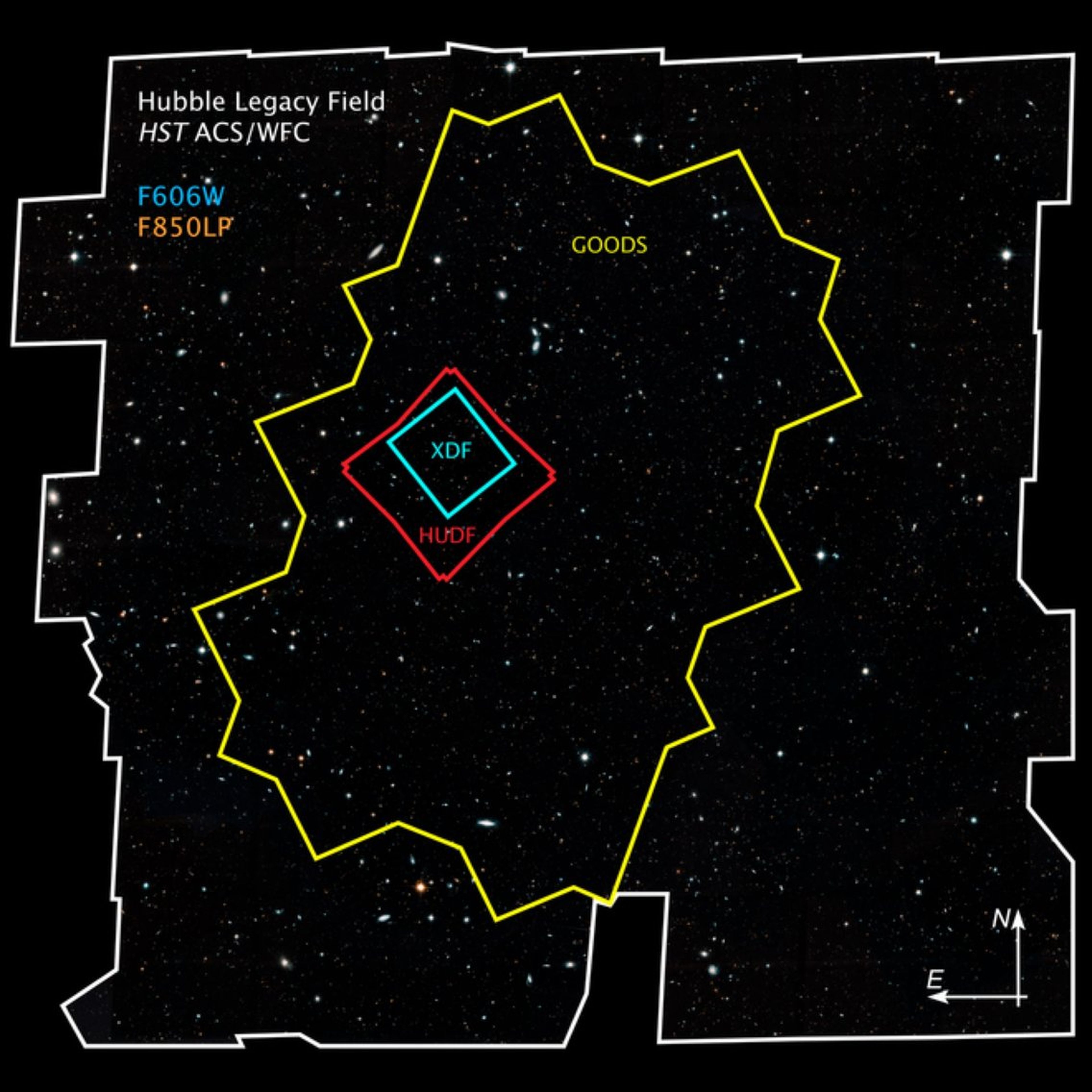 Un mapa muestra las diferentes observaciones del Hubble (contornos coloreados) que conforman su imagen de "campo profundo" (contorno blanco).