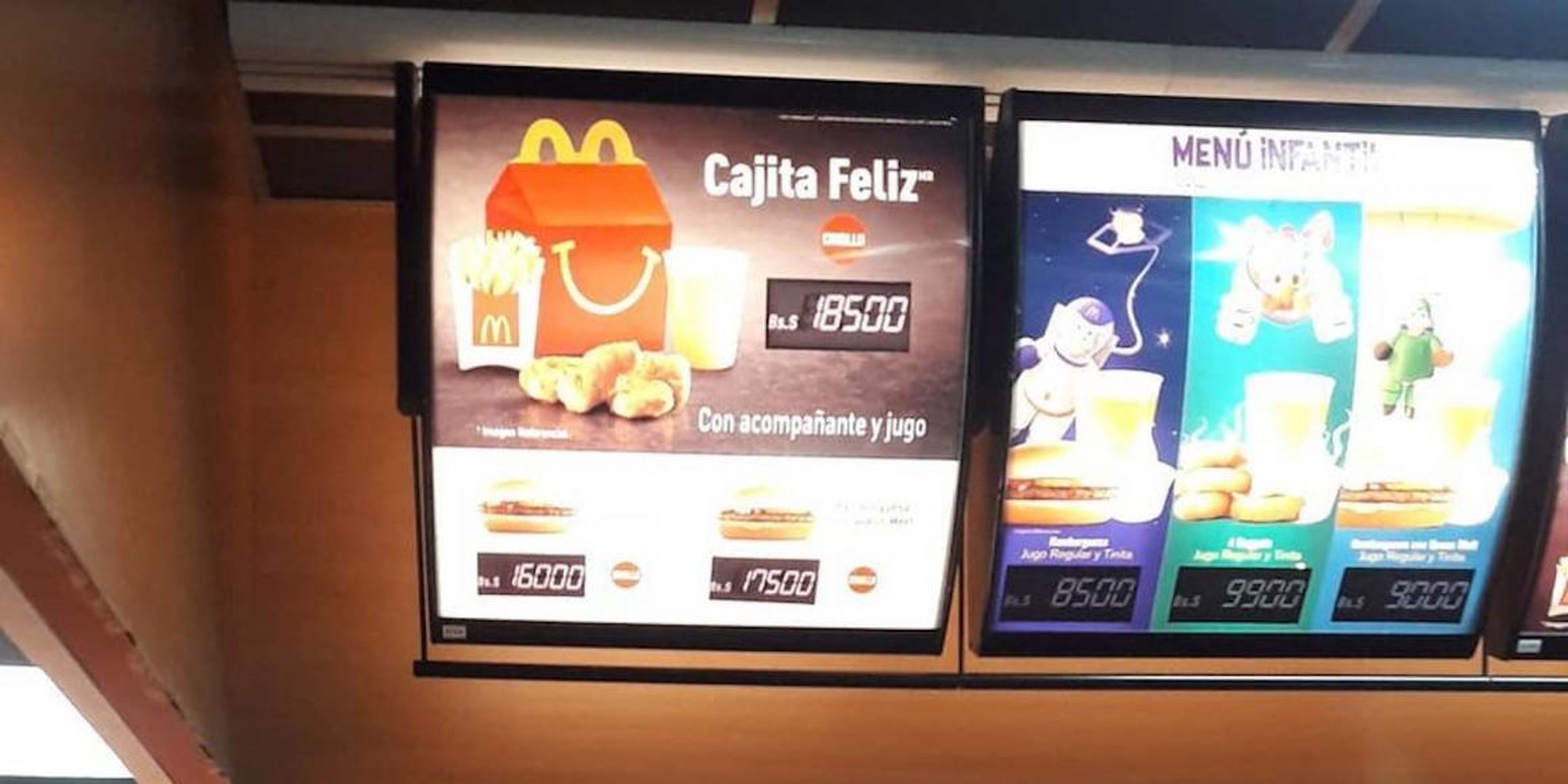 A McDonald's menu in Venezuela advertising a Happy Meal that, at the time, cost slightly more than the monthly minimum wage.