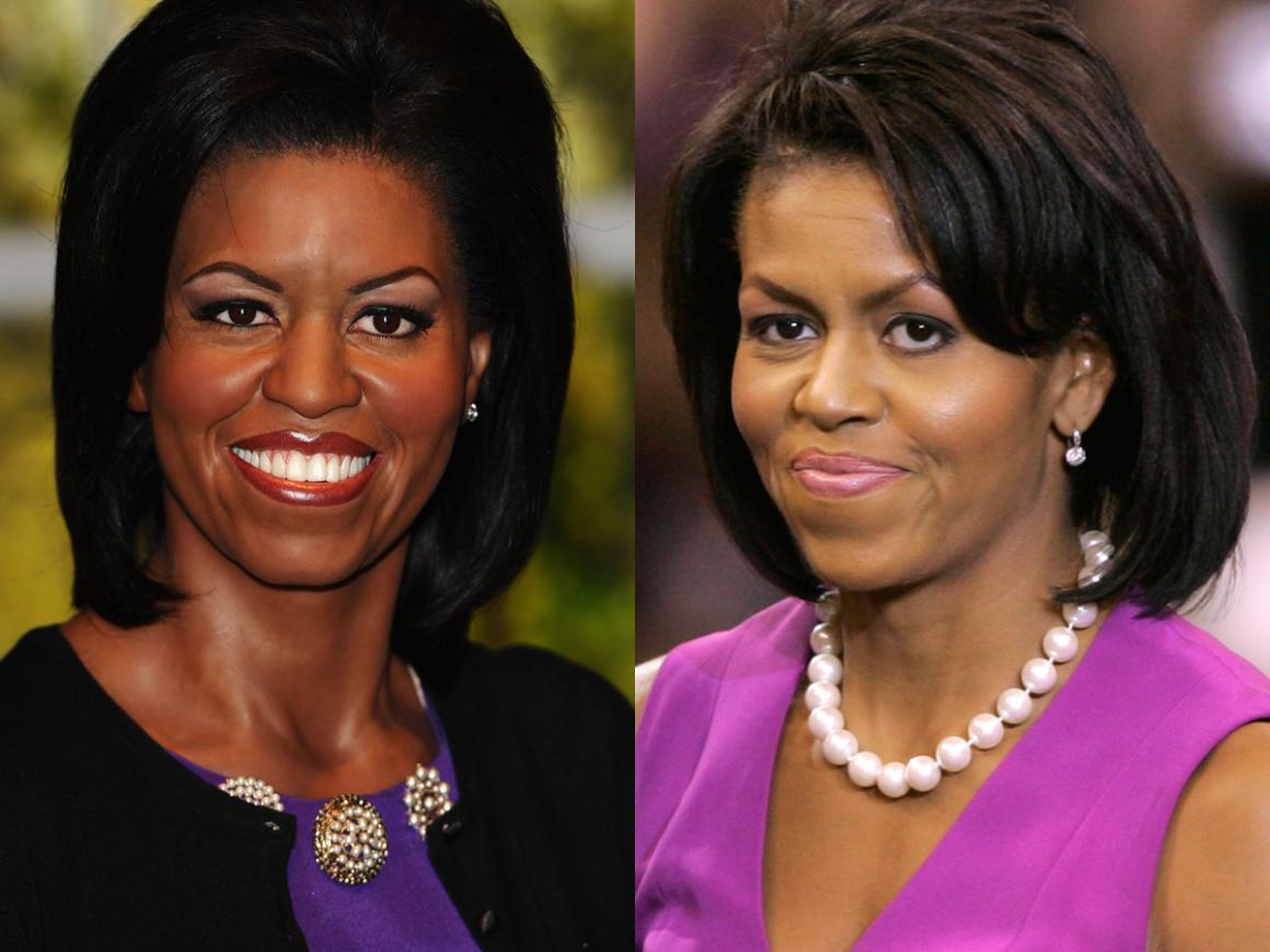 A la izquierda está la figura de cera. A la derecha está Michelle Obama en las primarias finales en junio de 2008.