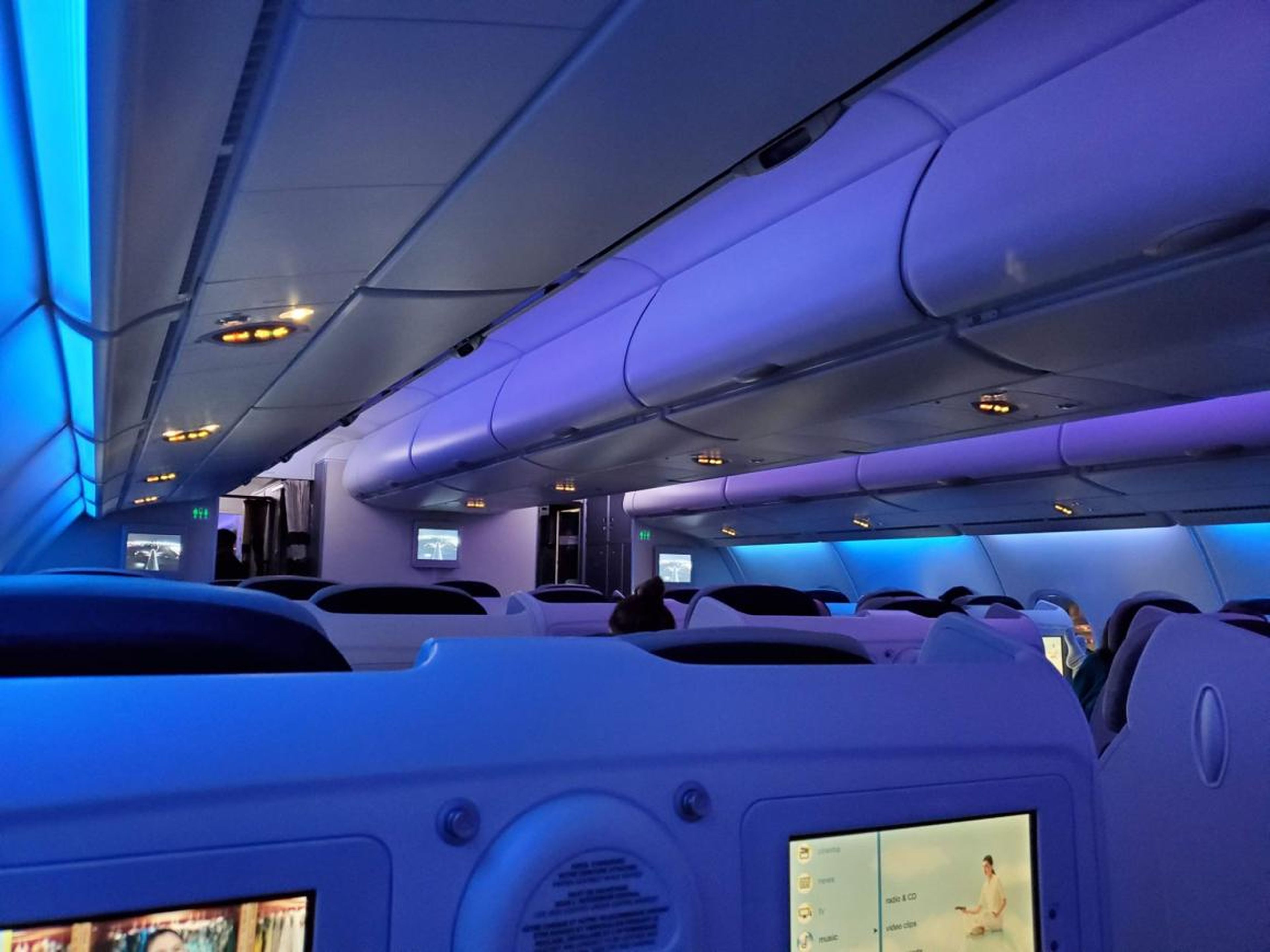 Mood lighting, which changed throughout the flight, had a calming effect. While the lights were mostly out during the night, I still could get only a few hours of interrupted sleep with all the turbulence. But it's true what they