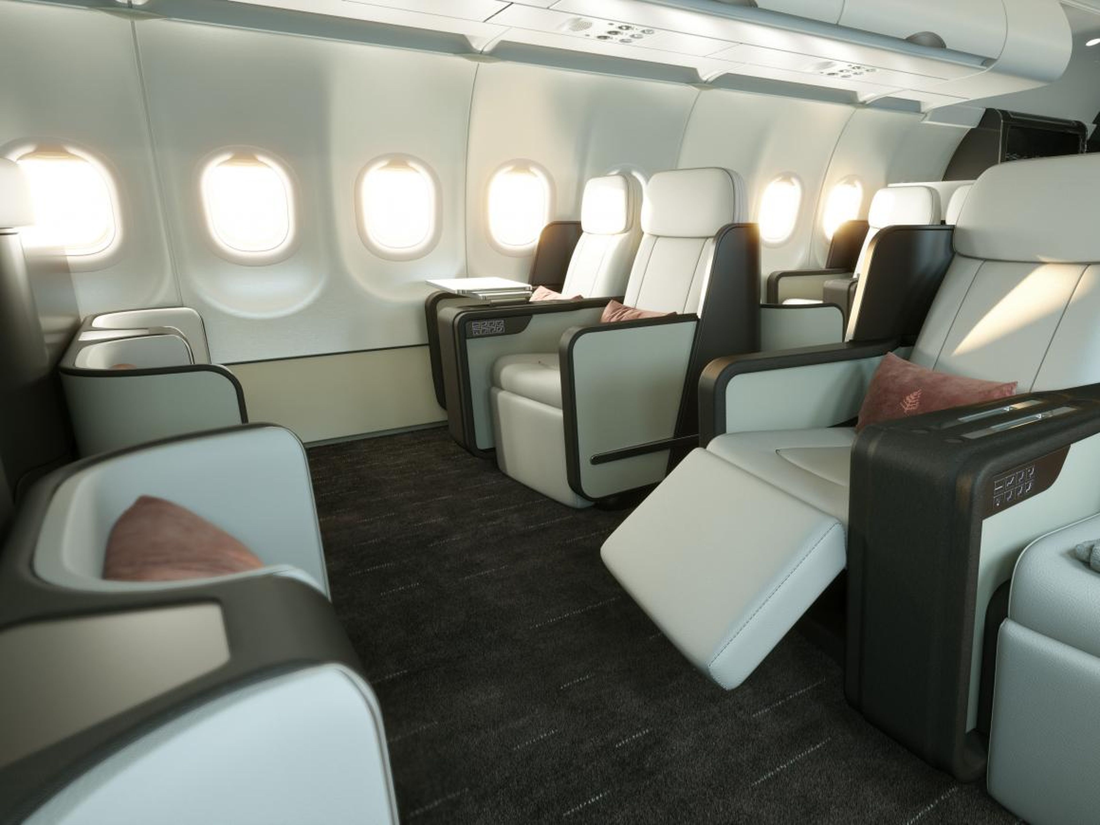 ... el nuevo jet ofrece más espacio para menos huéspedes. Según Four Seasons, cada asiento tiene dos metros de espacio personal. Los asientos del jet están diseñados por Optimares.