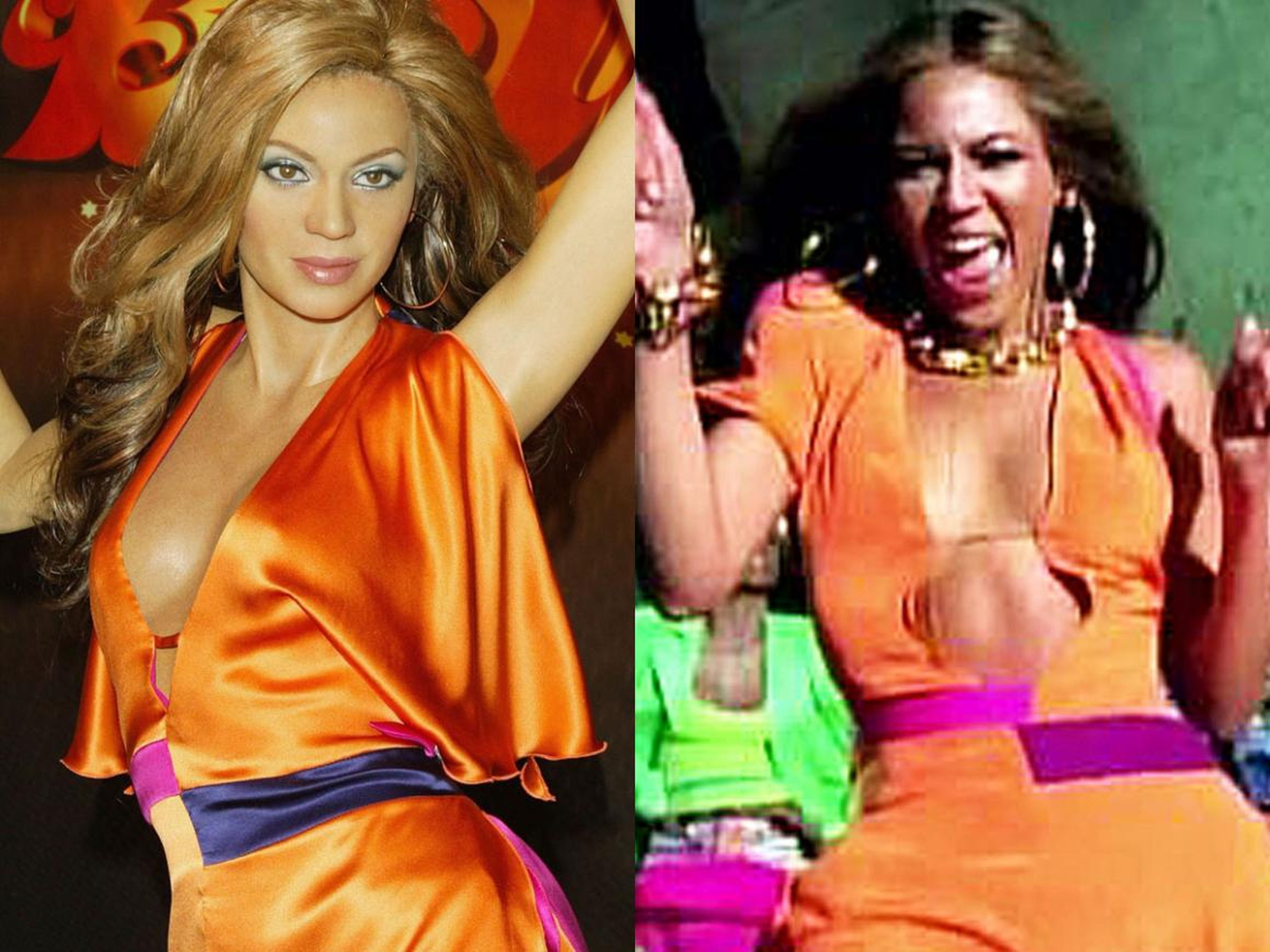 A la izquierda está la figura de cera de Beyoncé en 2004. A la derecha está Beyoncé en el video musical "Crazy in Love".