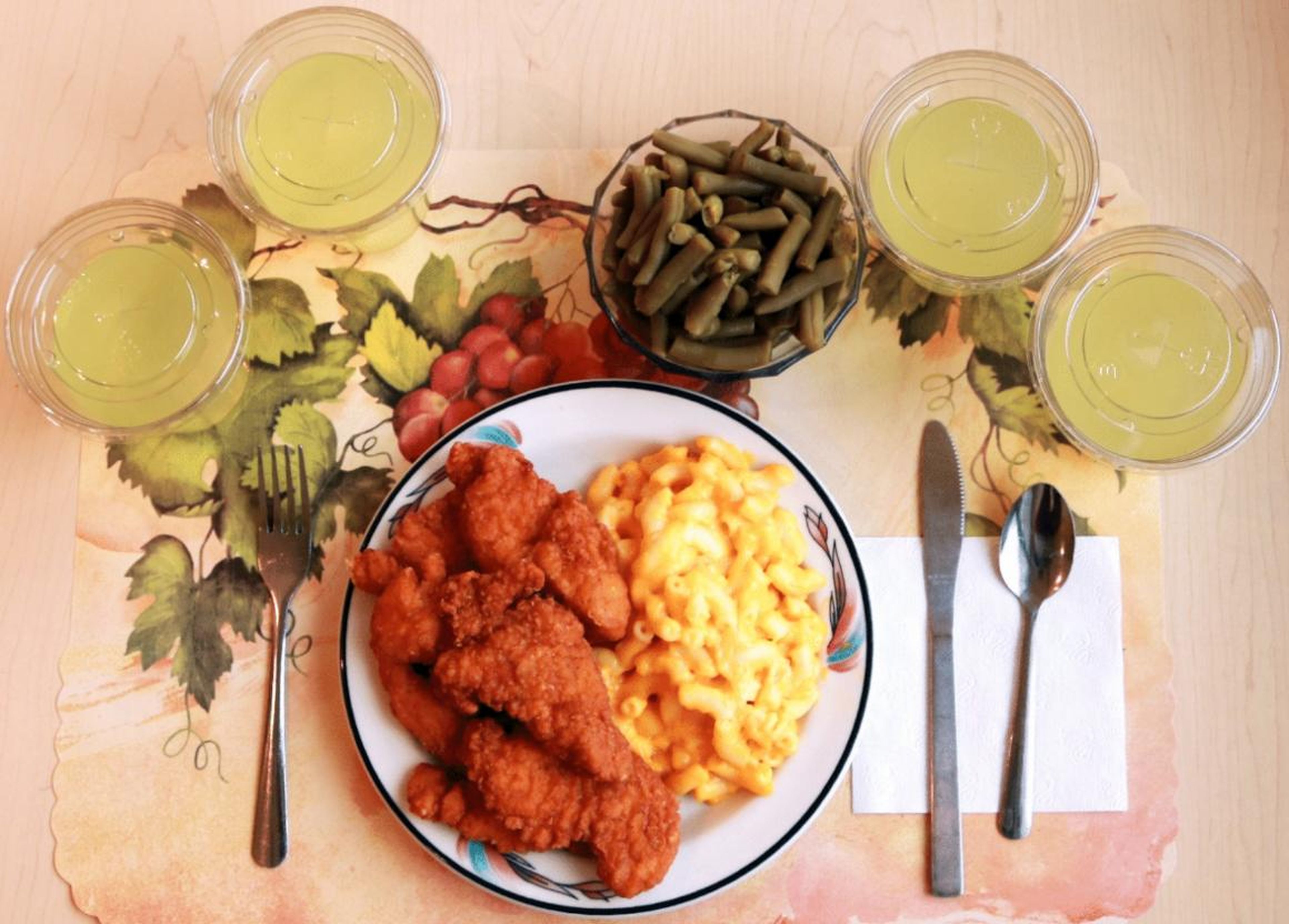 This processed dinner of prepared mac and cheese, chicken tenders and canned green beans had to be supplemented with tons of diet lemonade fortified with fiber in order to match the nutrient levels in an unprocessed meal.