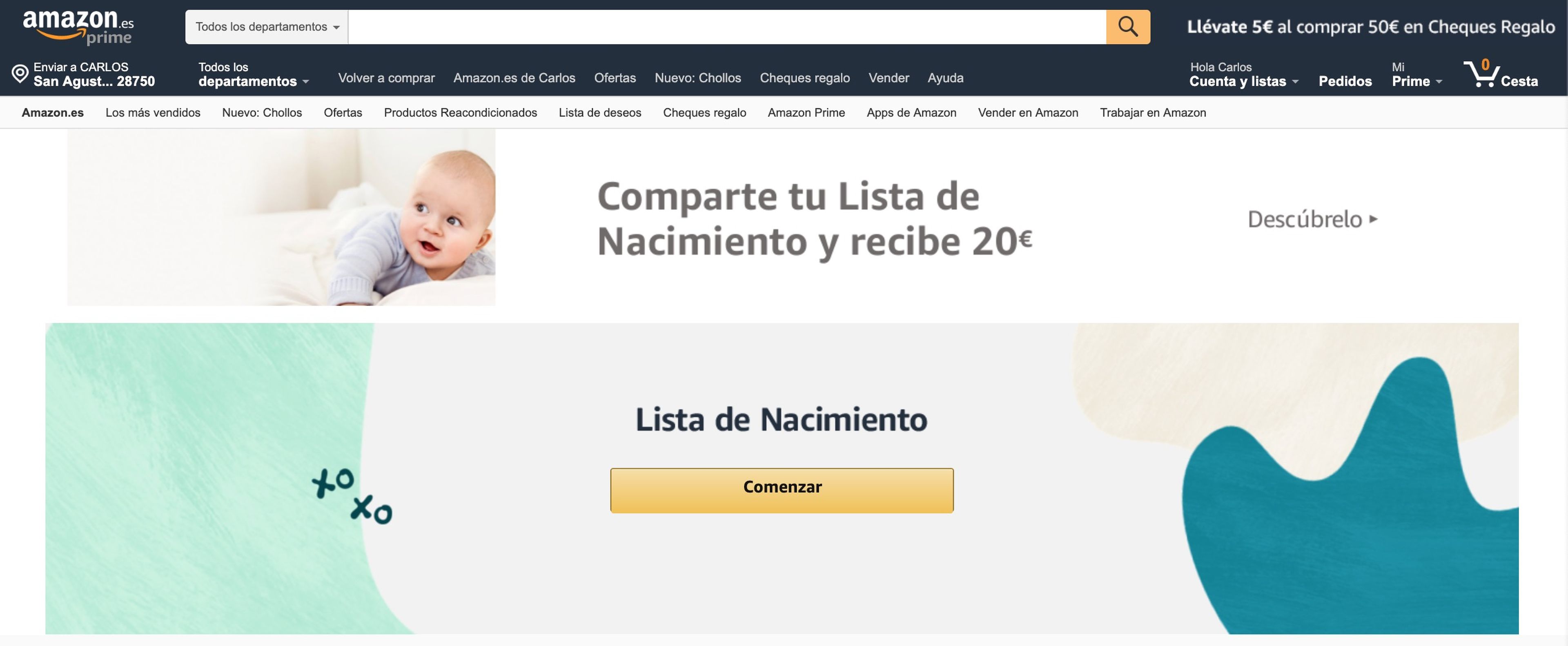 Sección Lista de nacimiento de Amazon