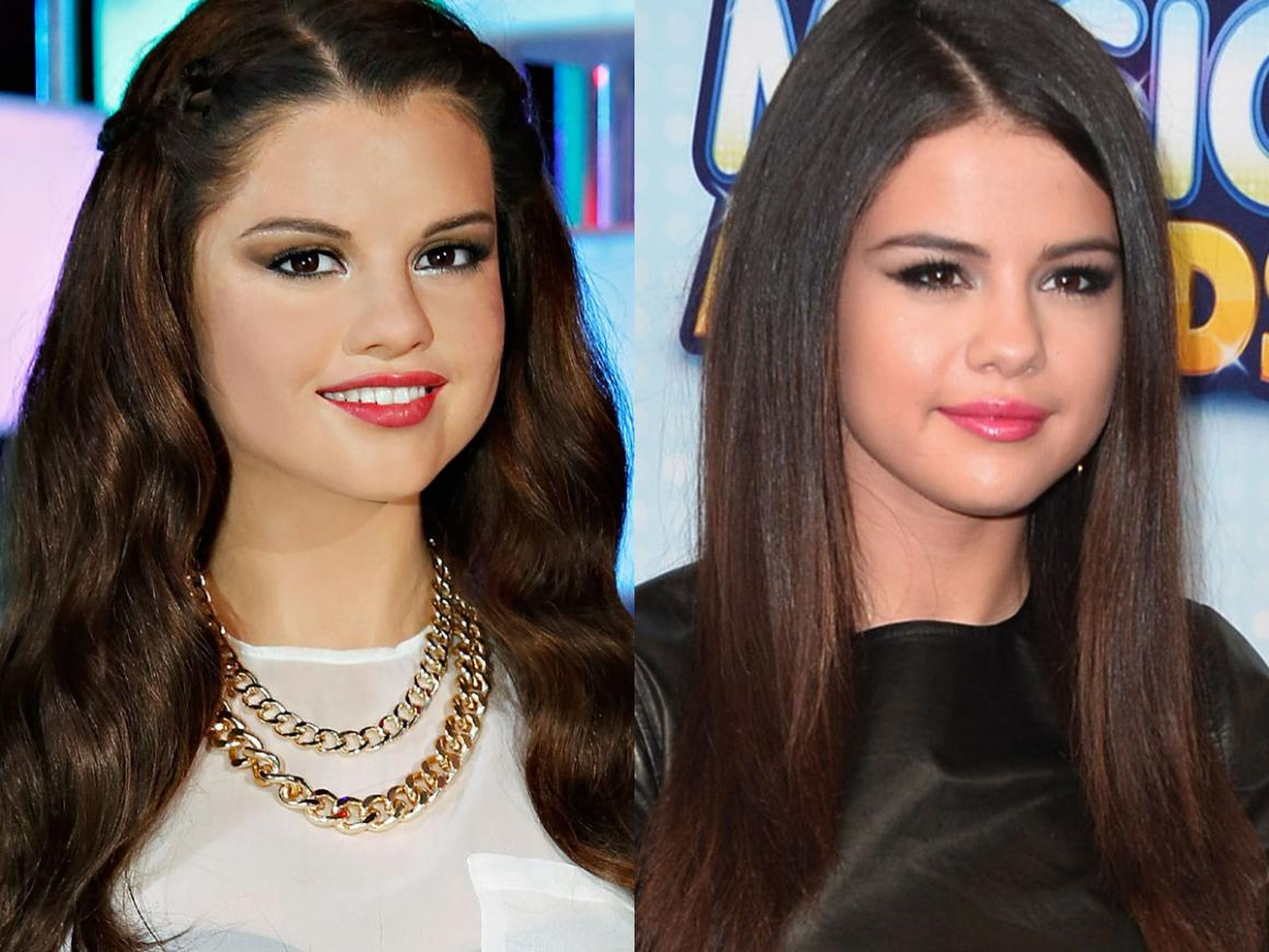 A la izquierda está la figura de cera de Gómez en agosto de 2014. A la derecha está Gómez en los Radio Disney Music Awards en abril de 2013.