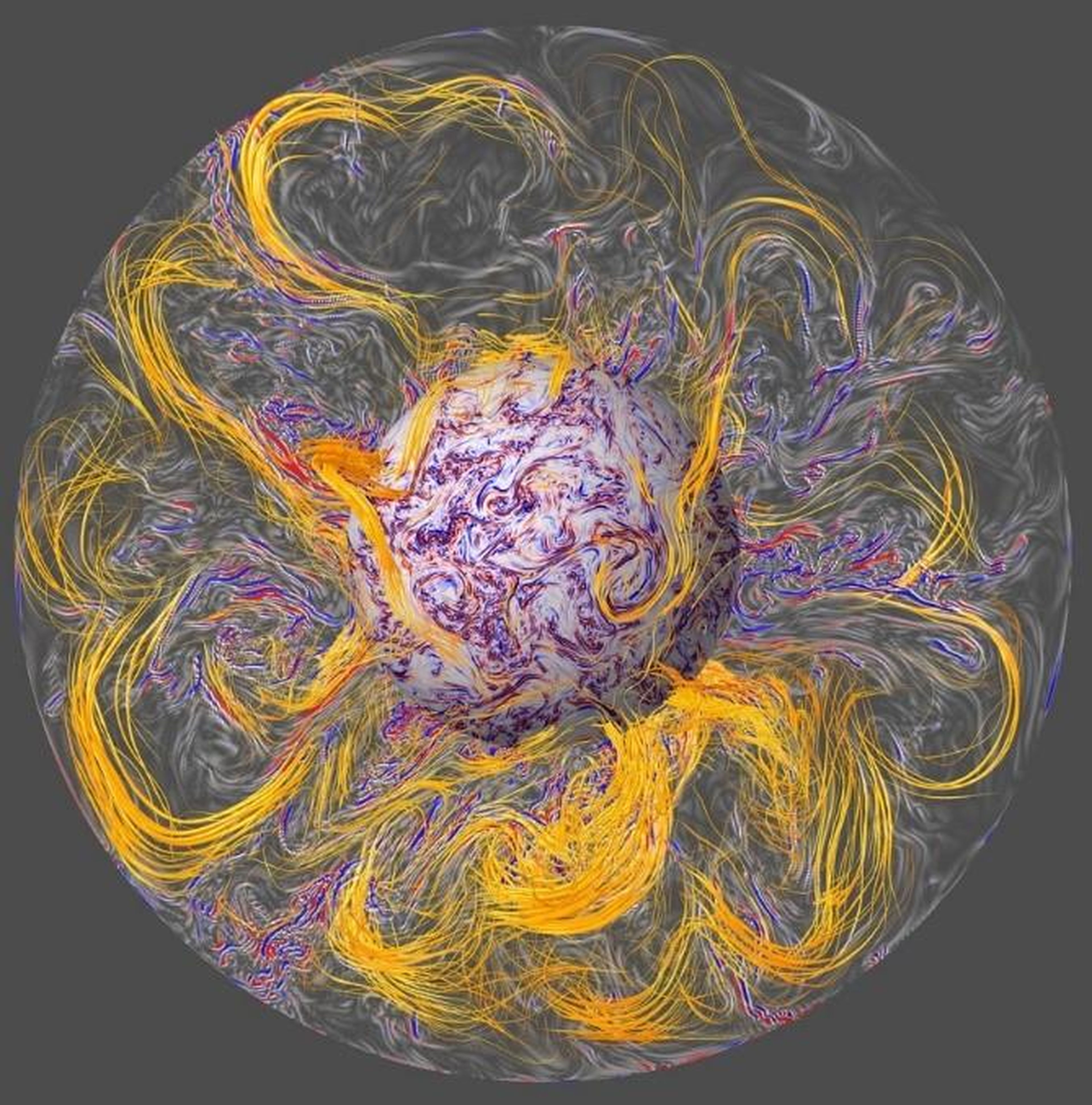 Una representación del interior del núcleo de la Tierra, según una simulación por ordenador.