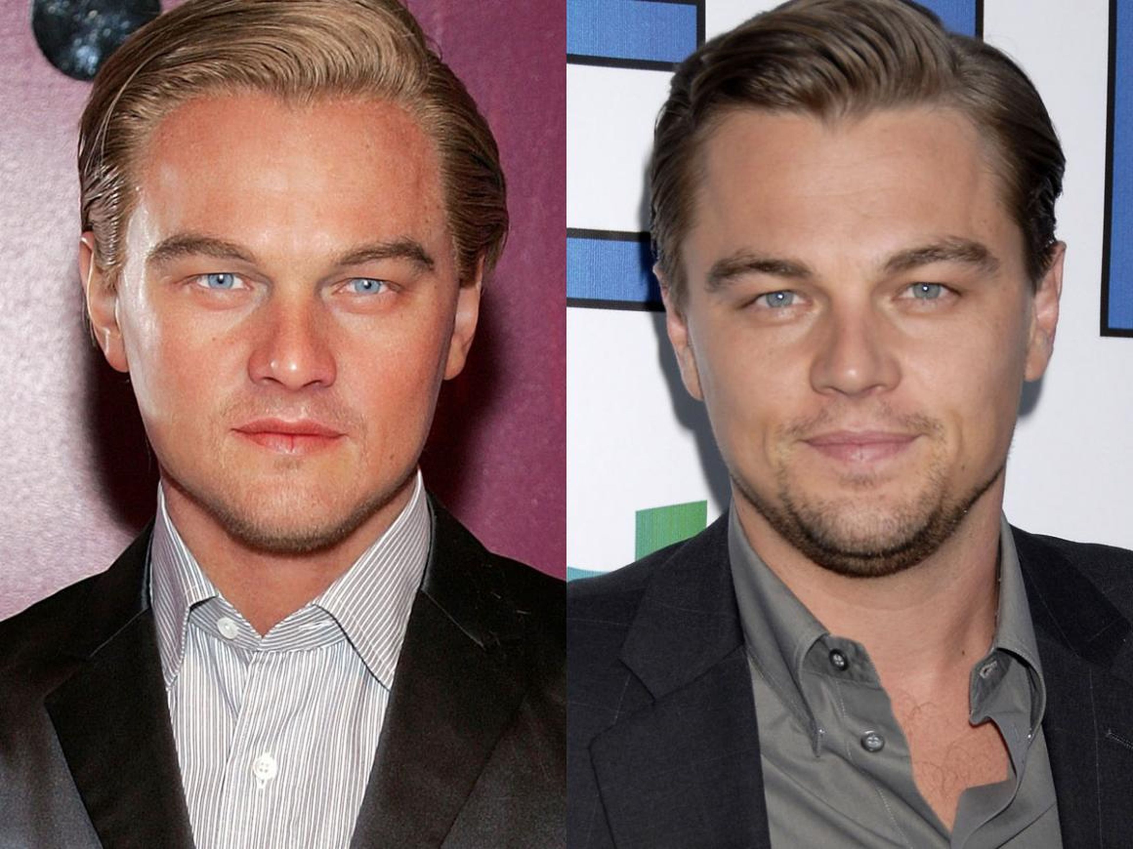 A la izquierda está la figura de cera de DiCaprio. A la derecha está DiCaprio en el estreno de "La hora 11" en agosto de 2007.