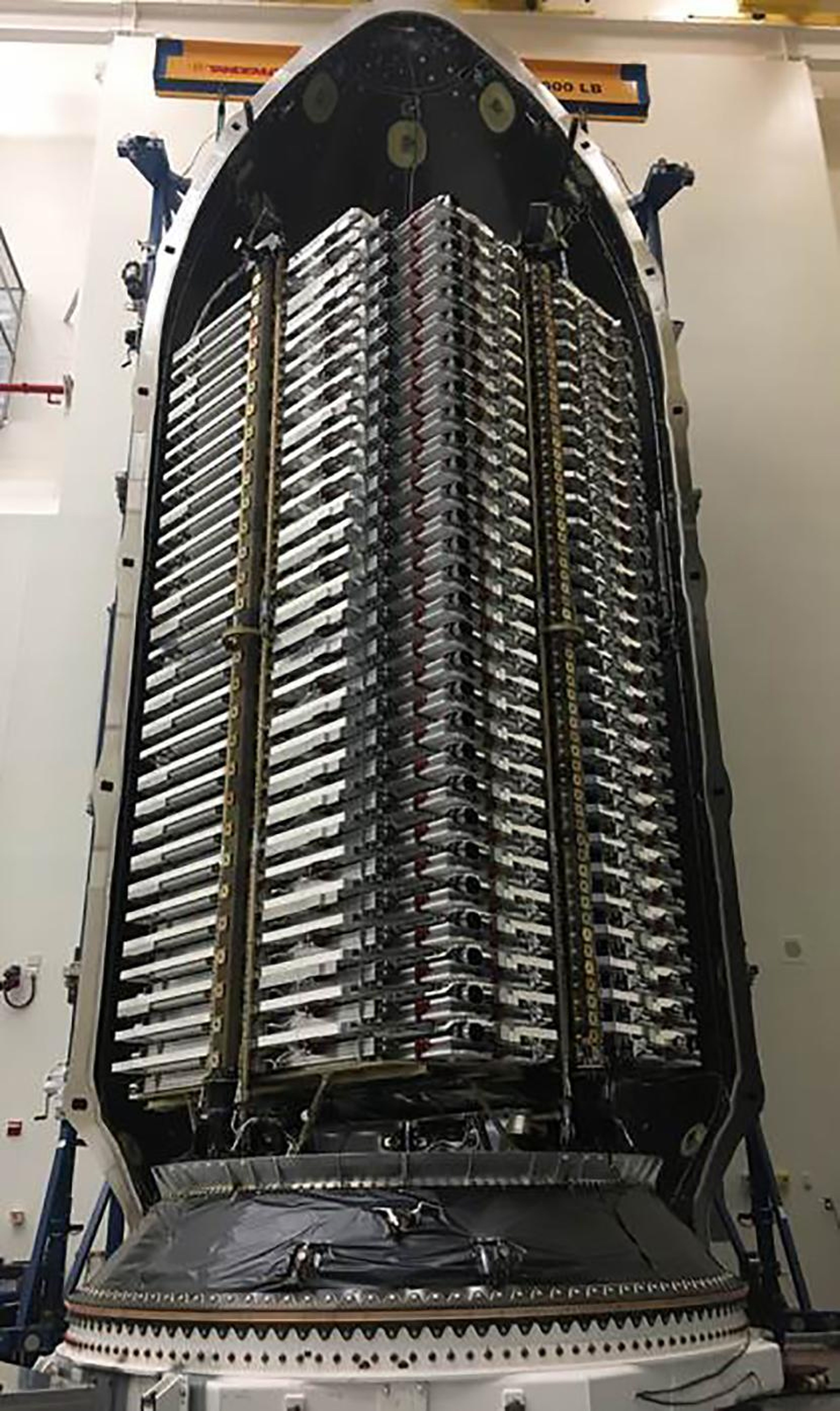 A fleet of 60 Starlink internet-providing satellites stuffed into the nosecone of a SpaceX Falcon 9 rocket.
